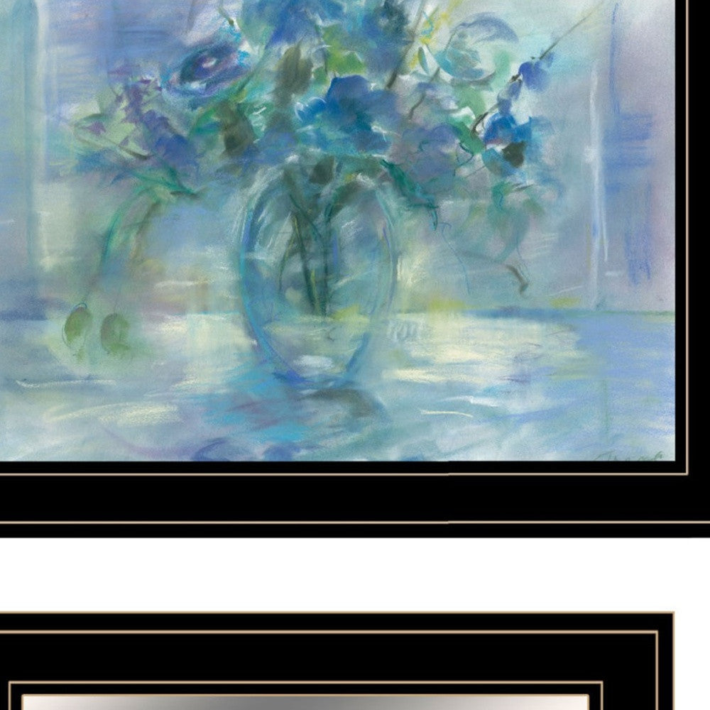 Set Of Three Blue Floral Black Framed Print Wall Art with Mirror