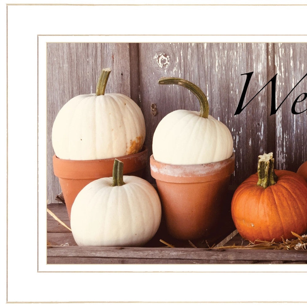 Welcome Pumpkin Shelf 1 White Framed Print Wall Art