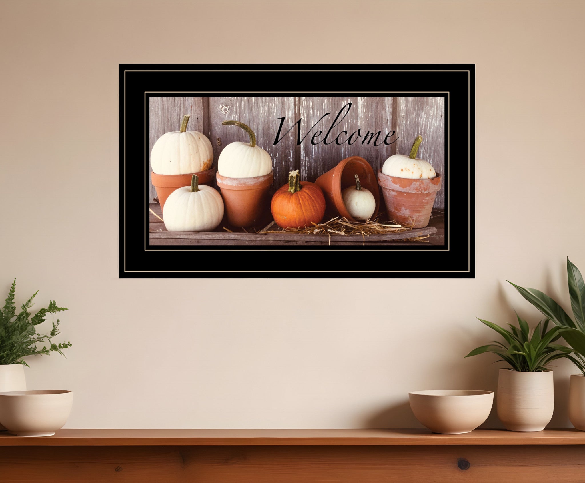 Welcome Pumpkin Shelf 2 Black Framed Print Wall Art