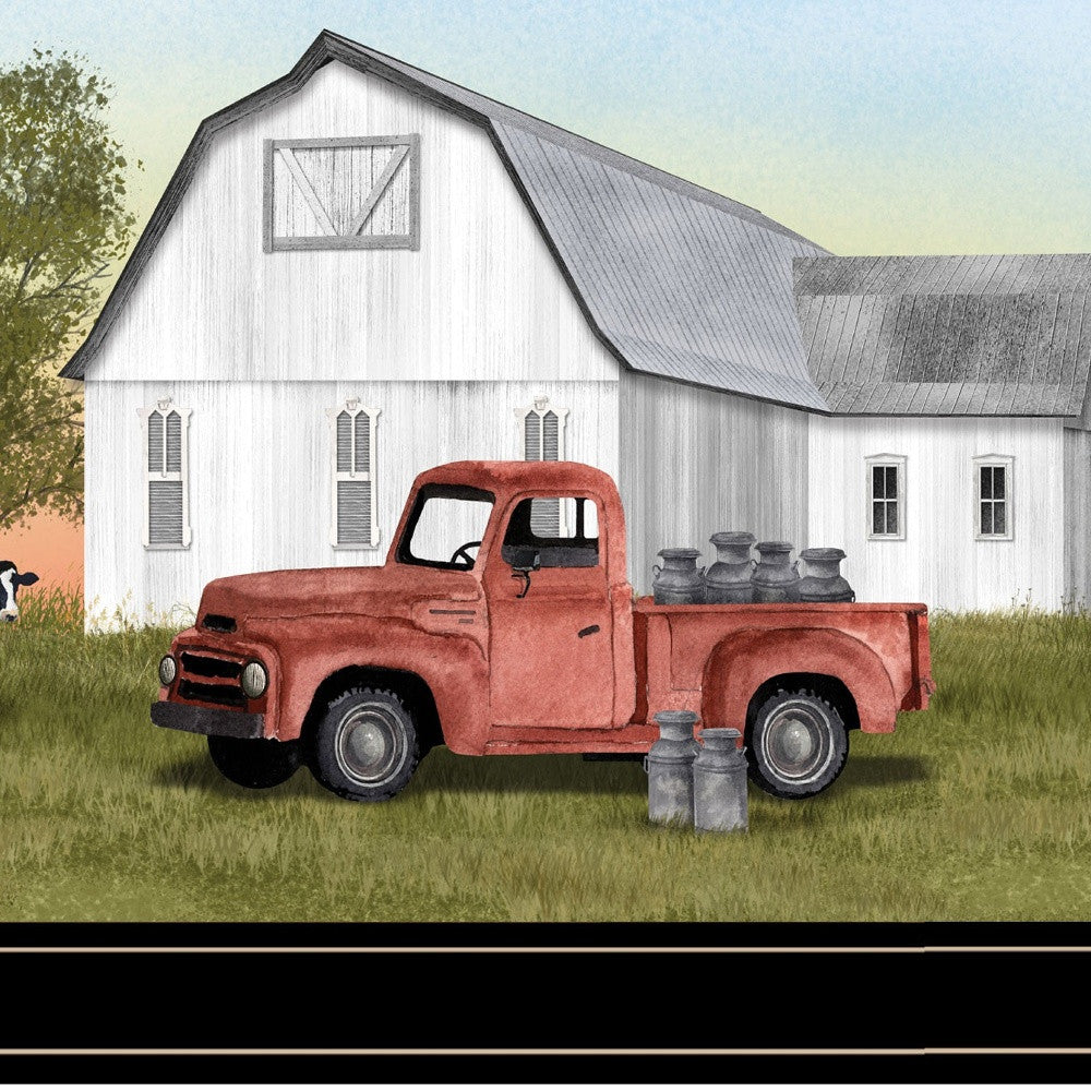 Red Milk Truck on the Farm Black Framed Print Wall Art