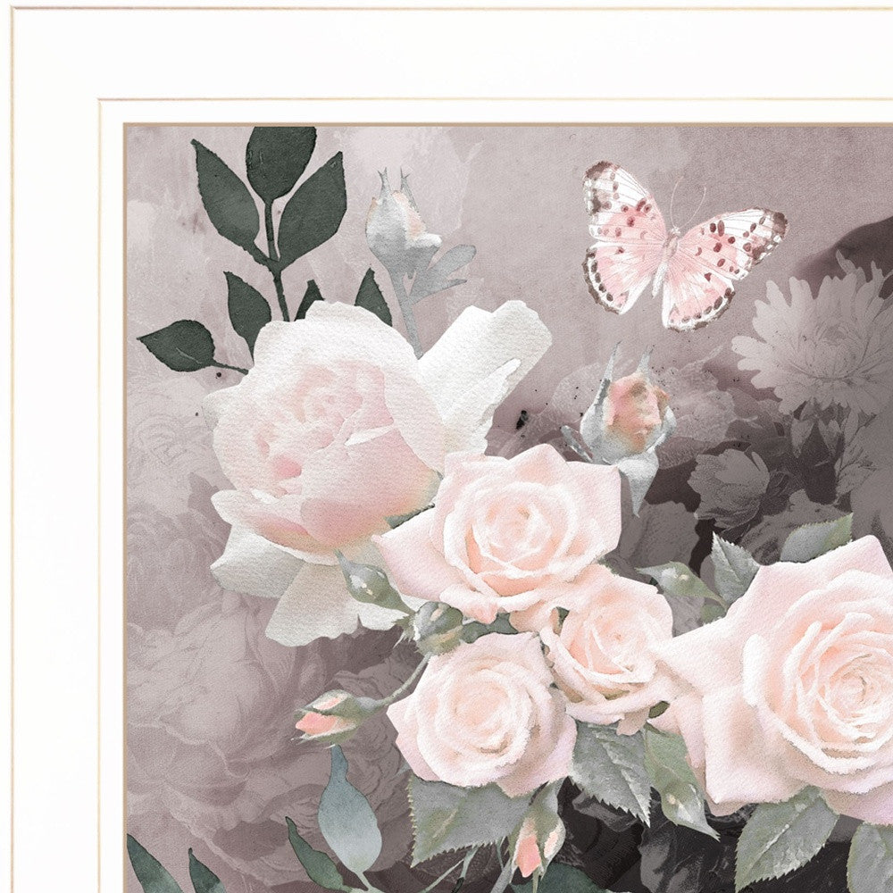 Pink Roses and Butterfly White Framed Print Wall Art