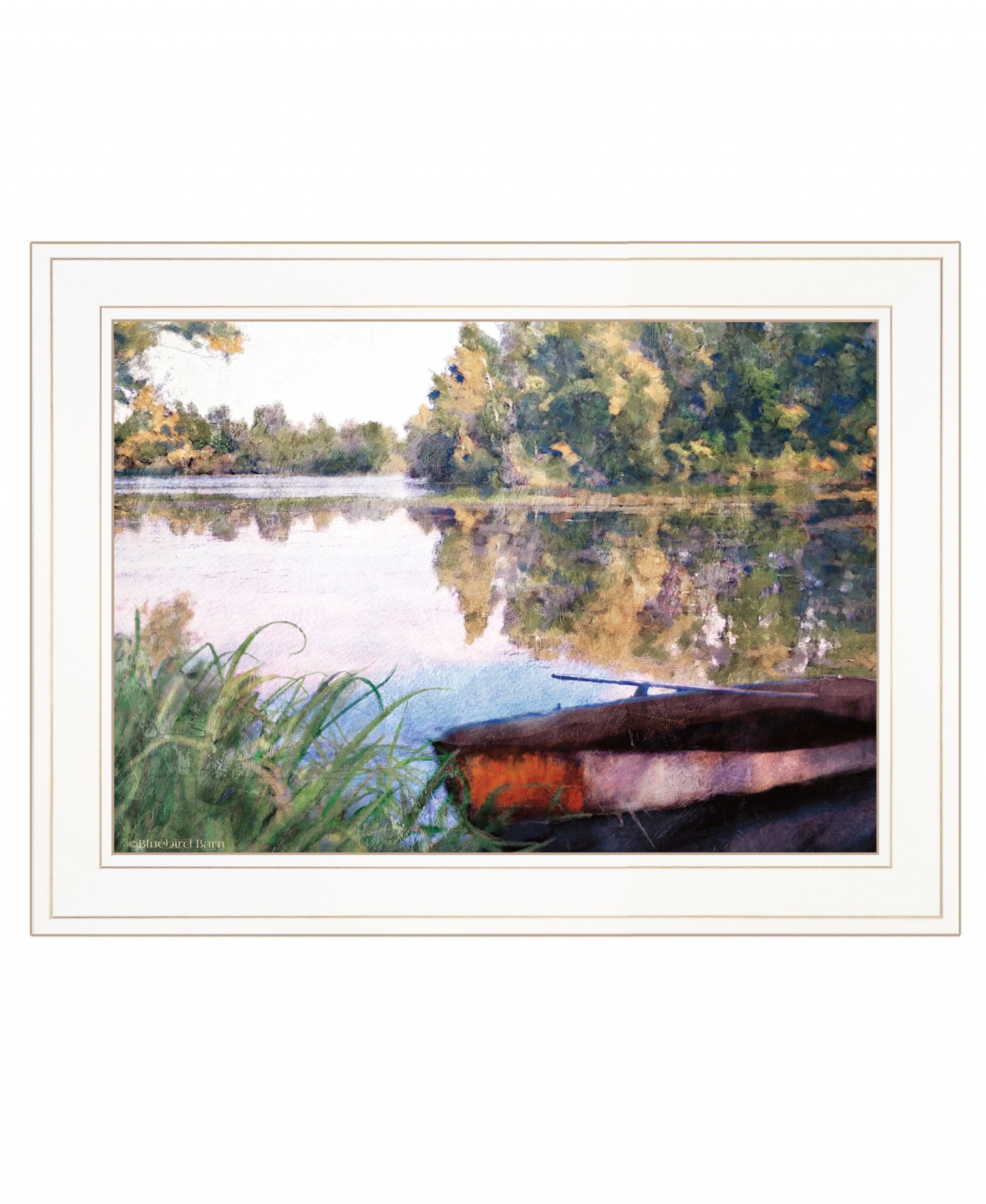 Rowboat Pond Landscape 2 White Framed Print Wall Art