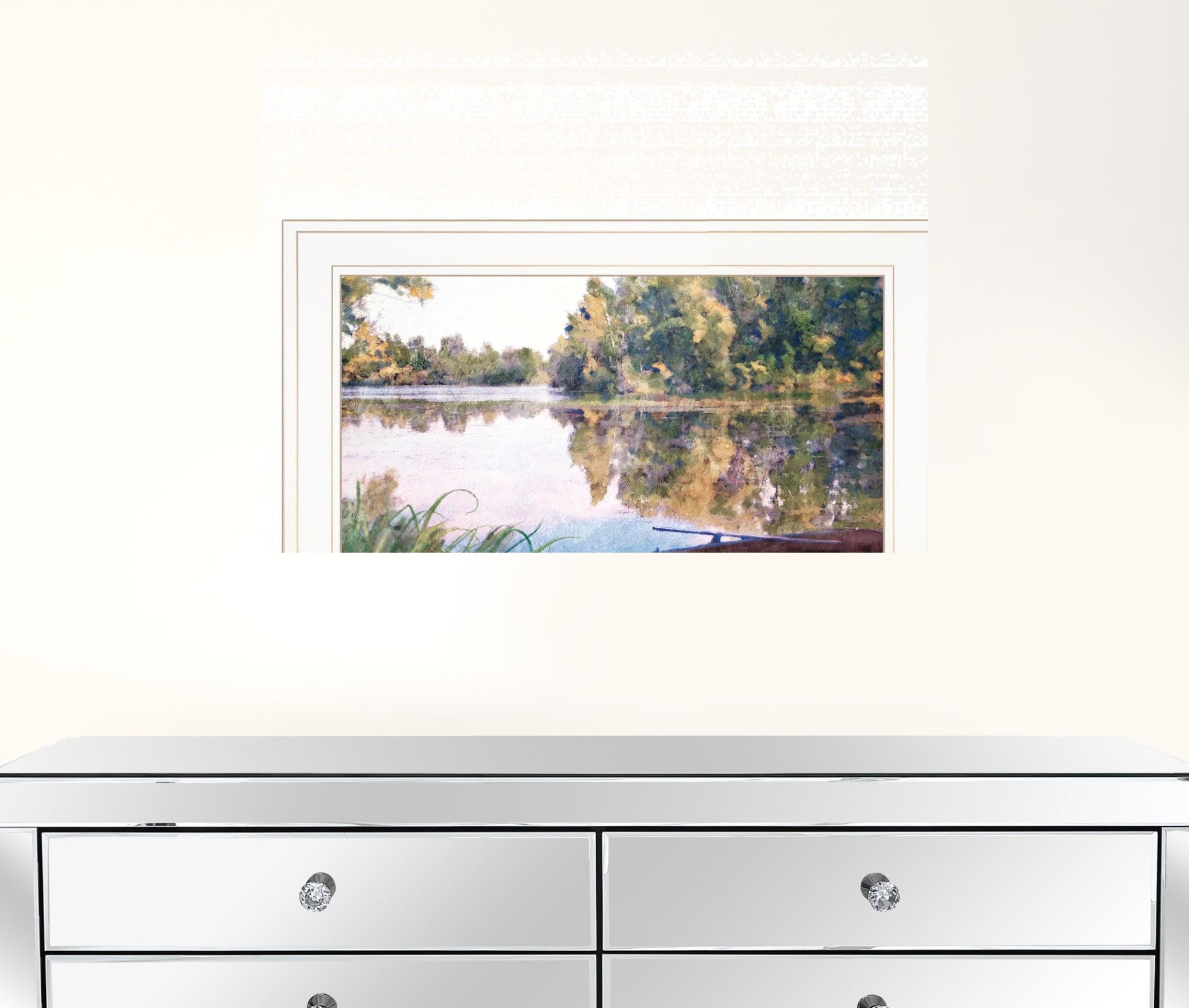 Rowboat Pond Landscape 2 White Framed Print Wall Art