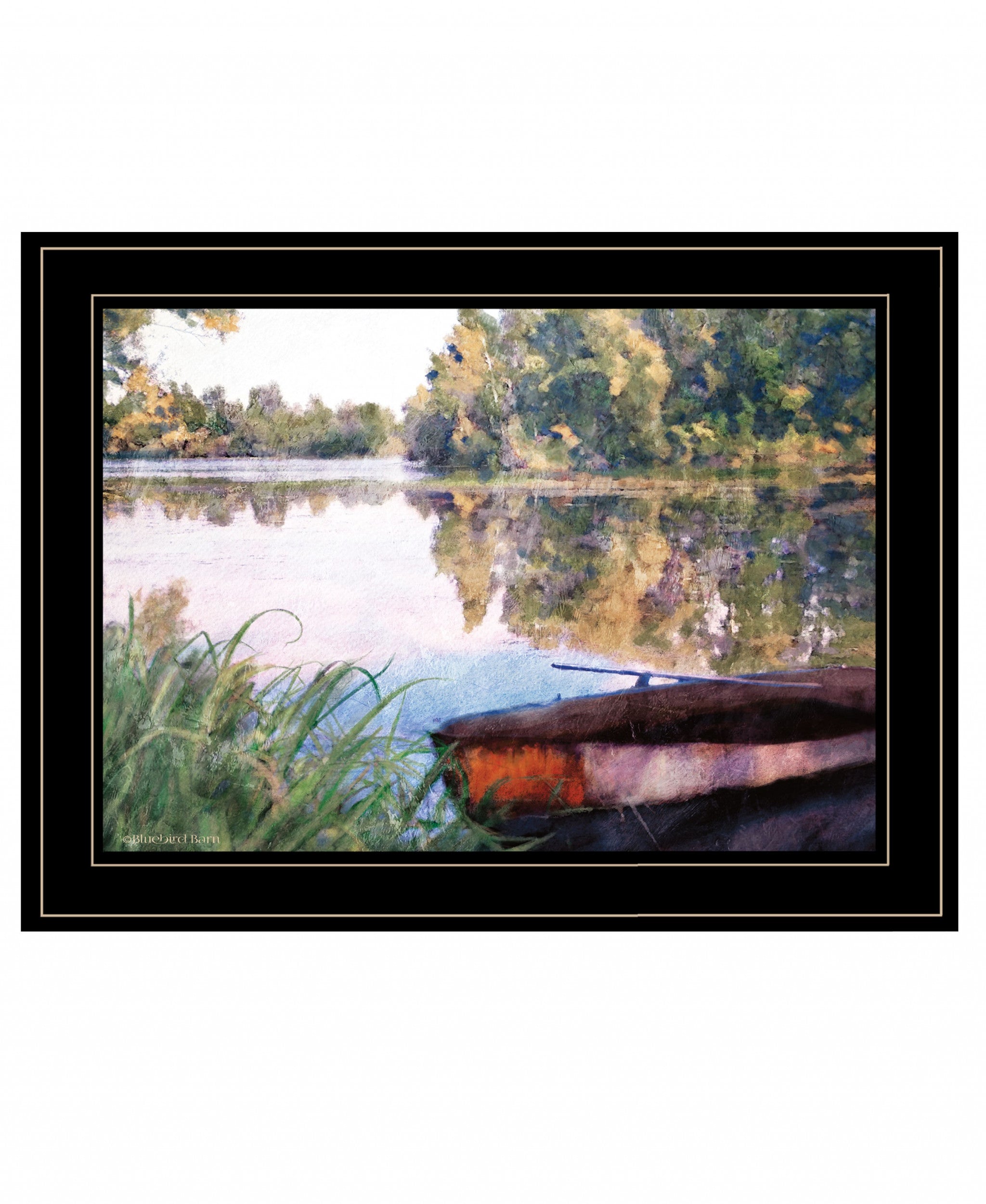 Rowboat Pond Landscape 3 Black Framed Print Wall Art