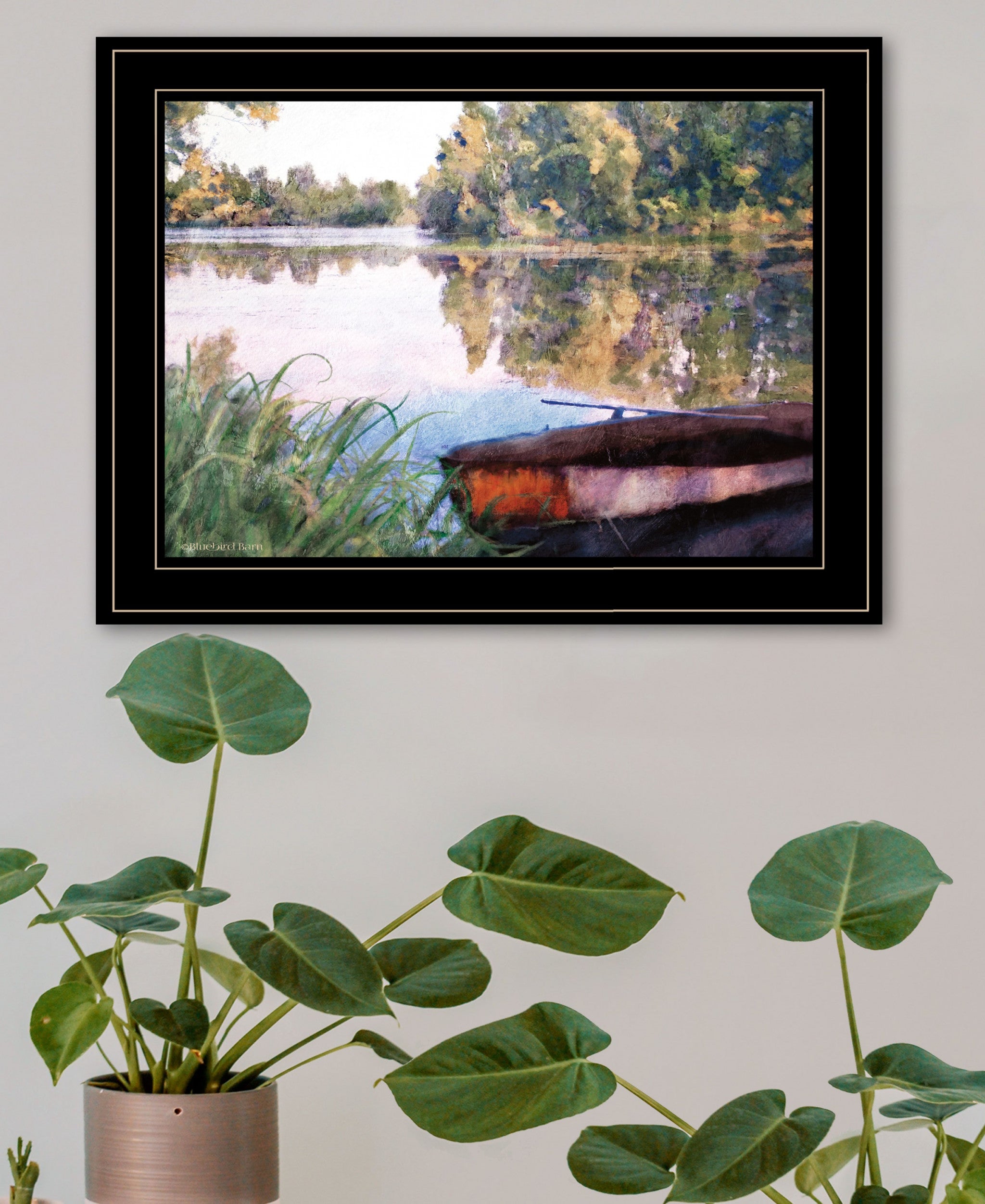 Rowboat Pond Landscape 3 Black Framed Print Wall Art