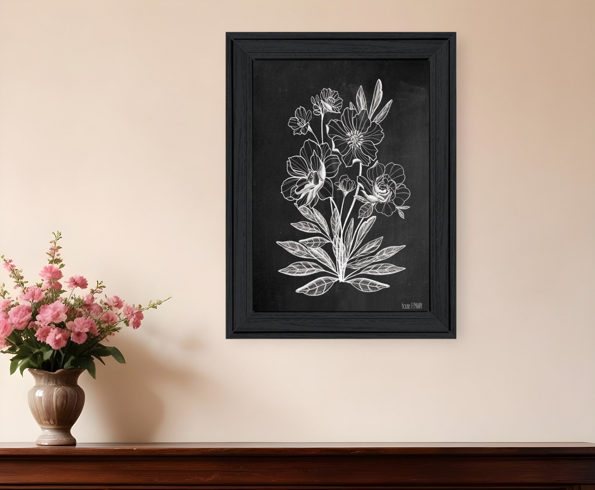 Vintage Chalkboard Flowers Black Framed Print Wall Art