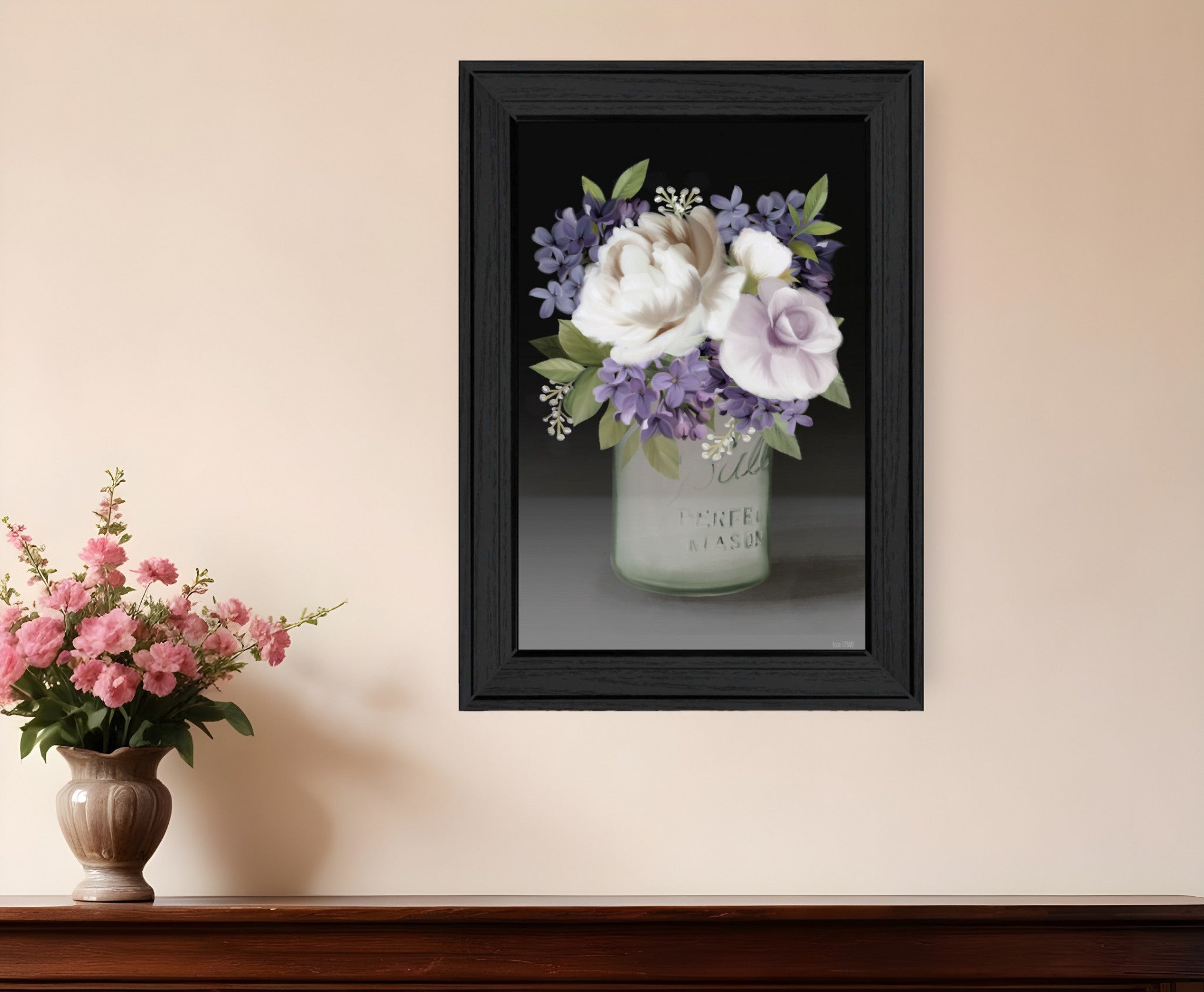 Lilac Mason Jar Floral 3 Black Framed Print Wall Art