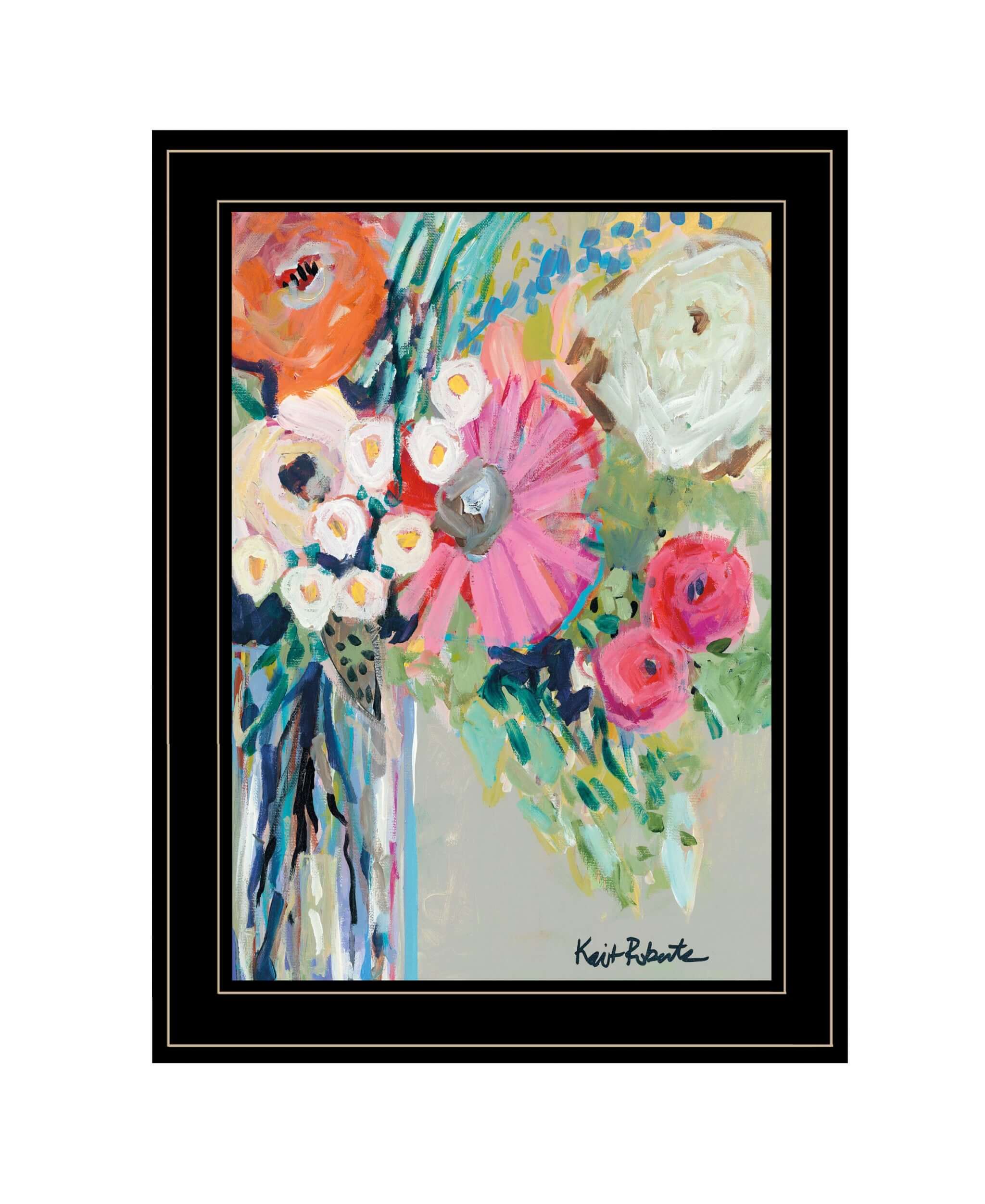 Bright Abstract Floral Bouquet Black Framed Print Wall Art