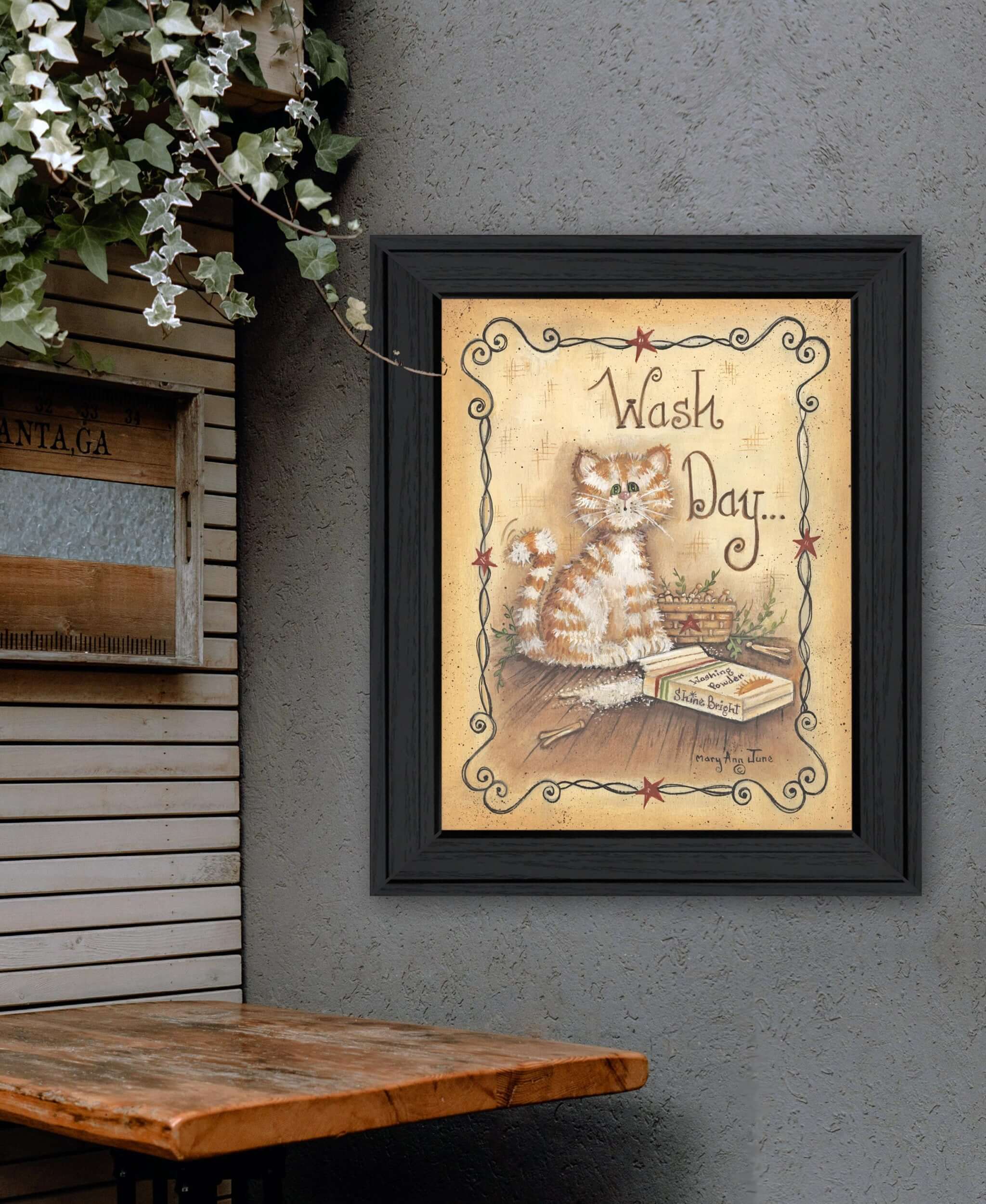 Wash Day Kitty Cat 2 Black Framed Print Wall Art