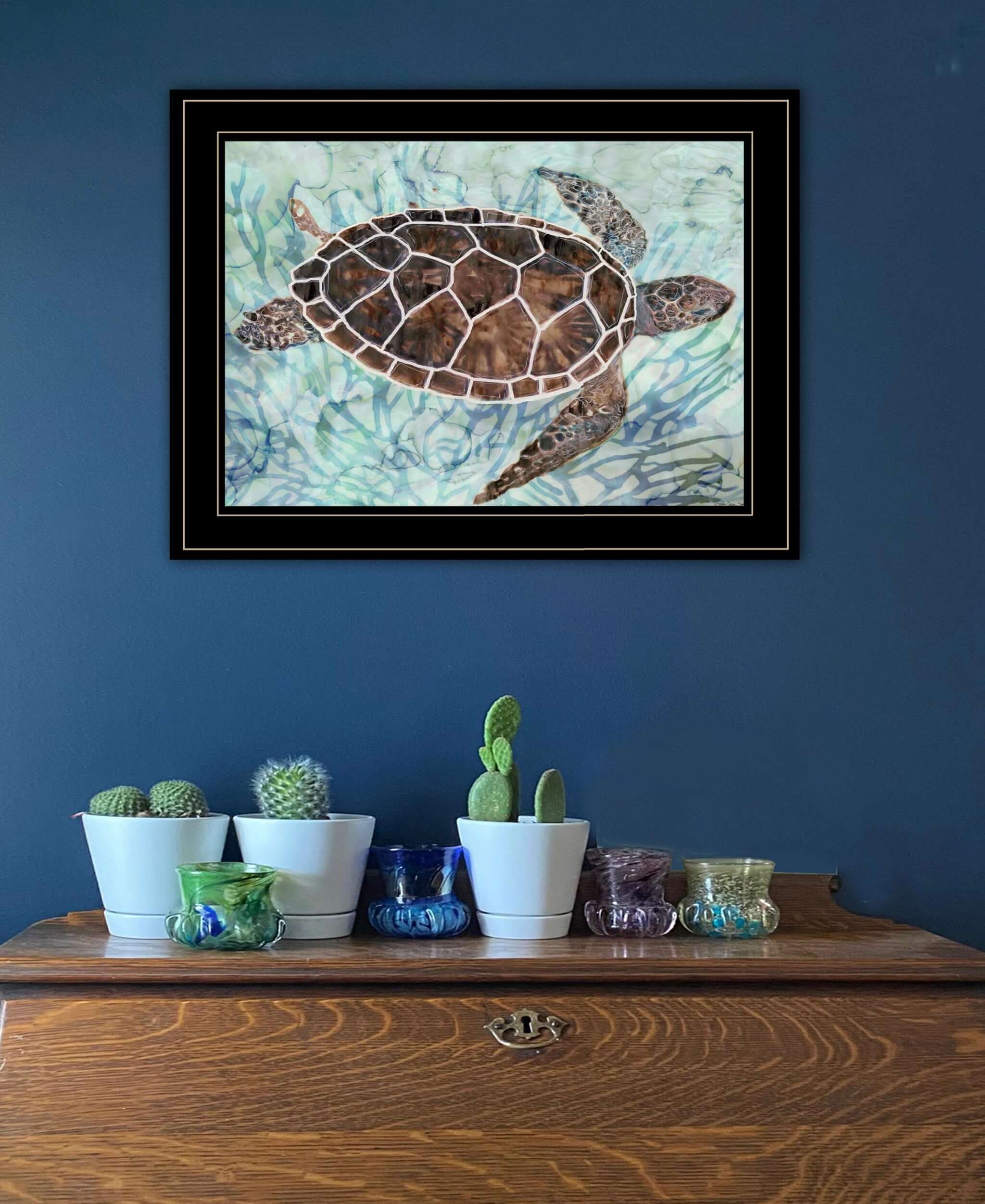 Sea Turtle in Sea Grass Black Framed Print Wall Art