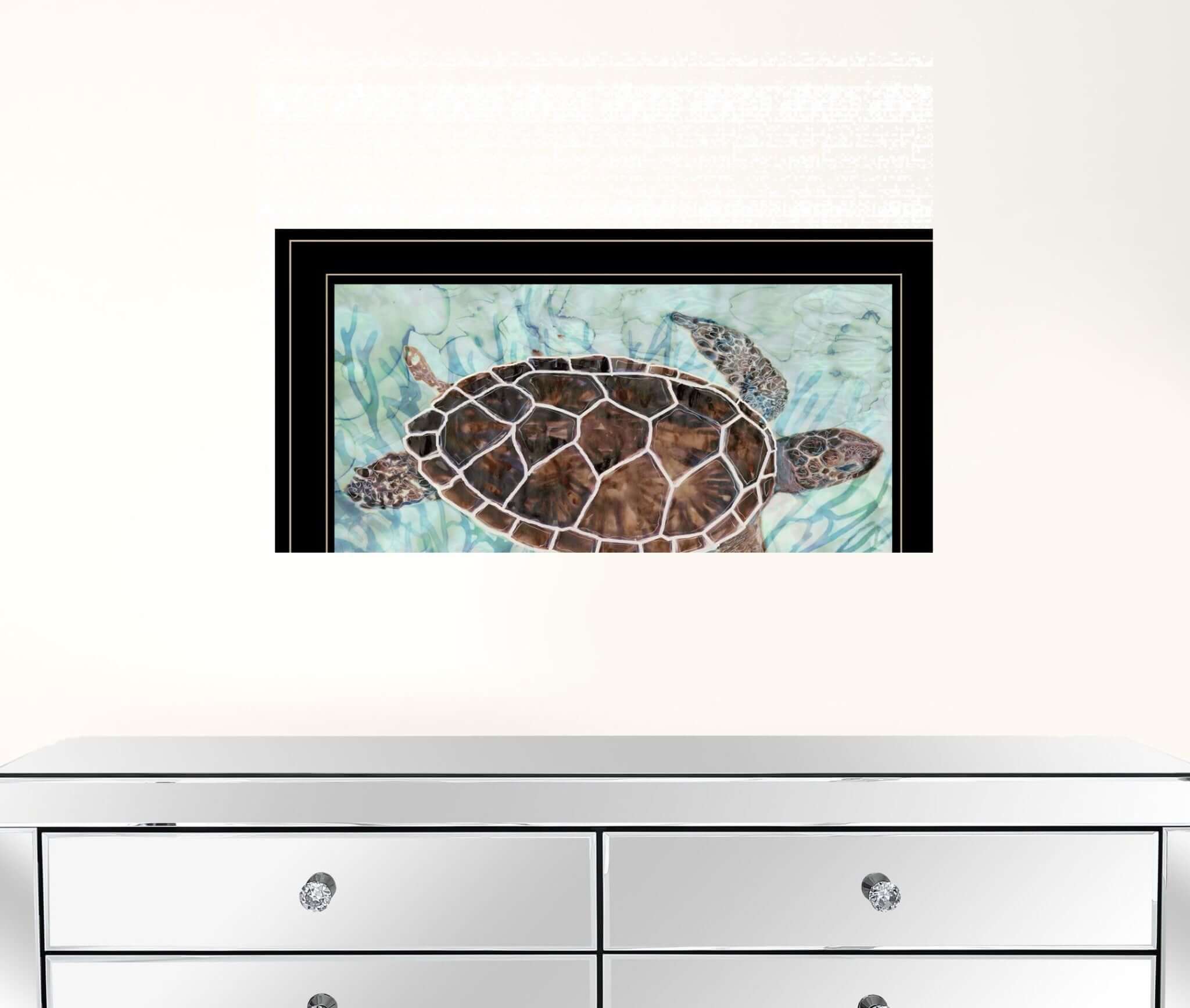 Sea Turtle in Sea Grass Black Framed Print Wall Art