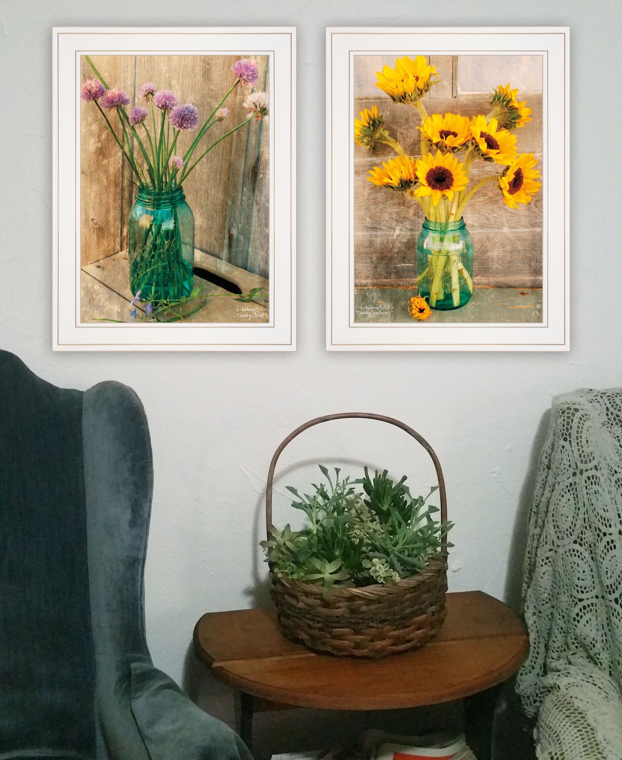 Set Of Two Country Sunflowers and Chives 1 White Framed Print Wall Art