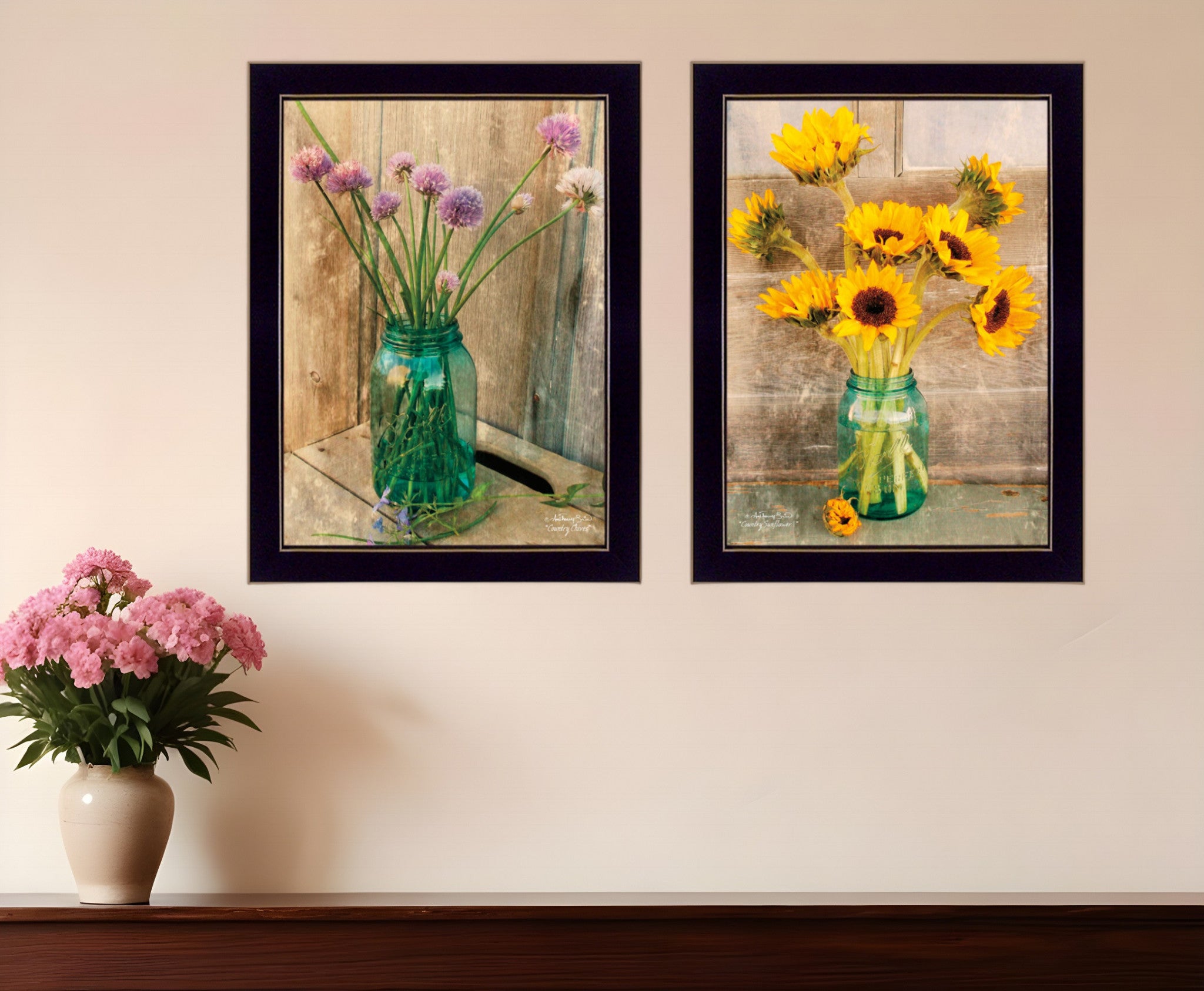 Set Of Two Country Sunflowers and Chives Black Framed Print Wall Art