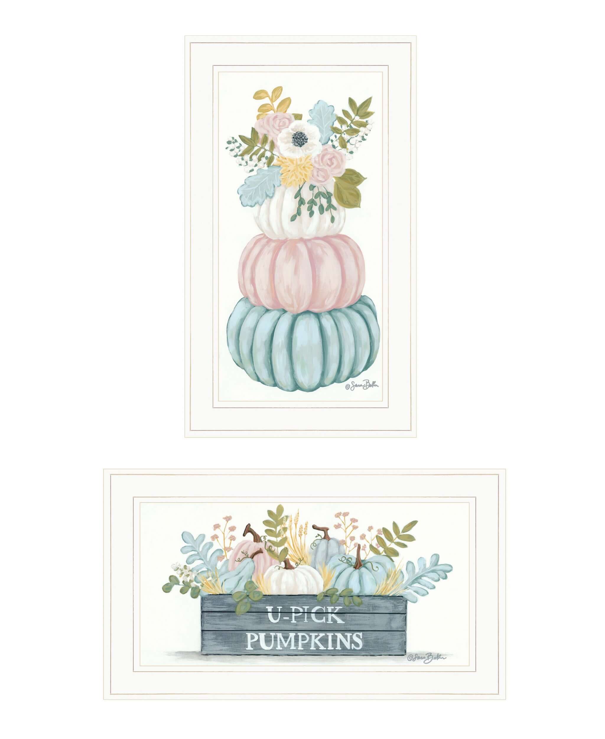 Set Of Two Floral Pumpkins 1 White Framed Print Wall Art