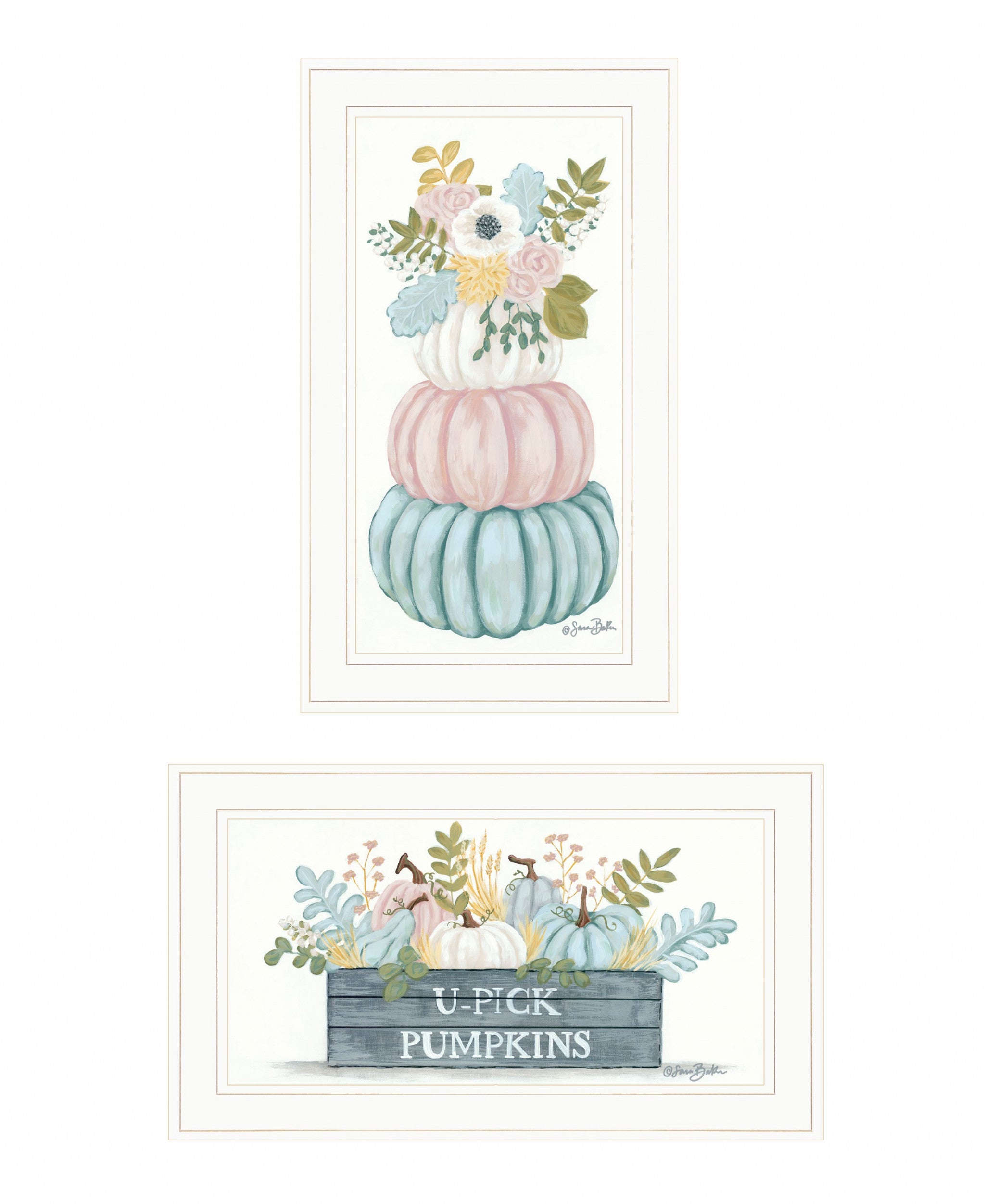 Set Of Two Floral Pumpkins 1 White Framed Print Wall Art