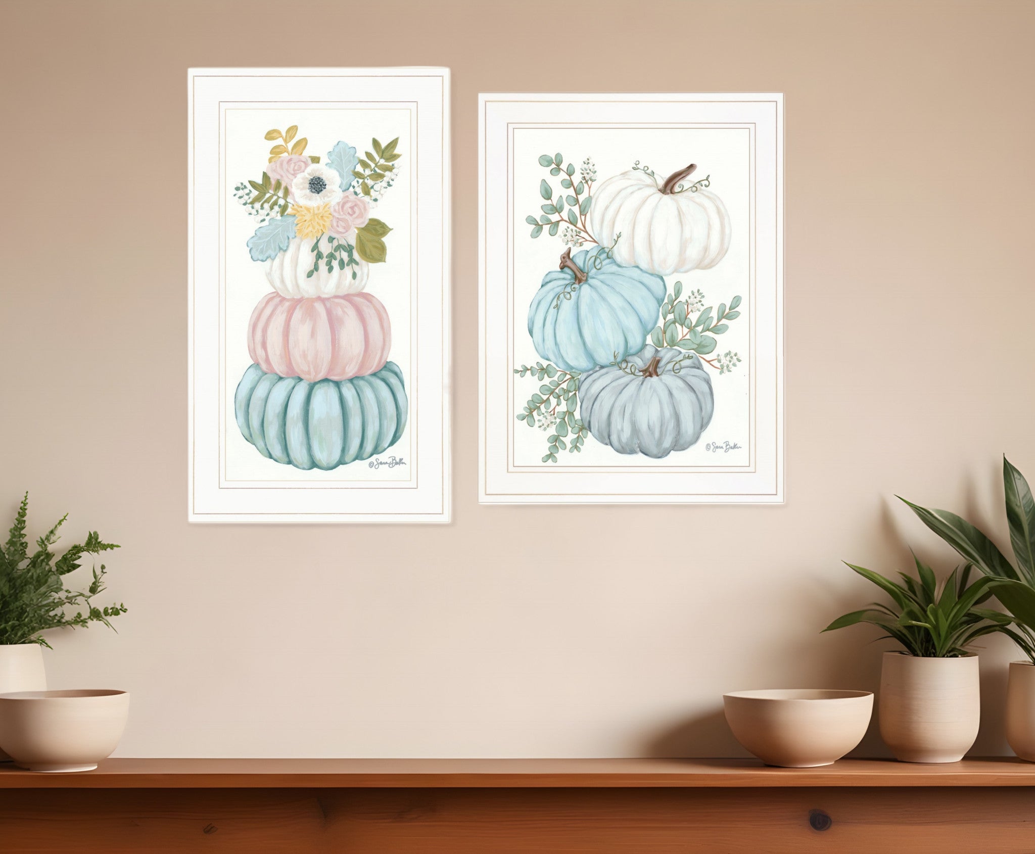 Set Of Two Floral Pumpkins 2 White Framed Print Wall Art