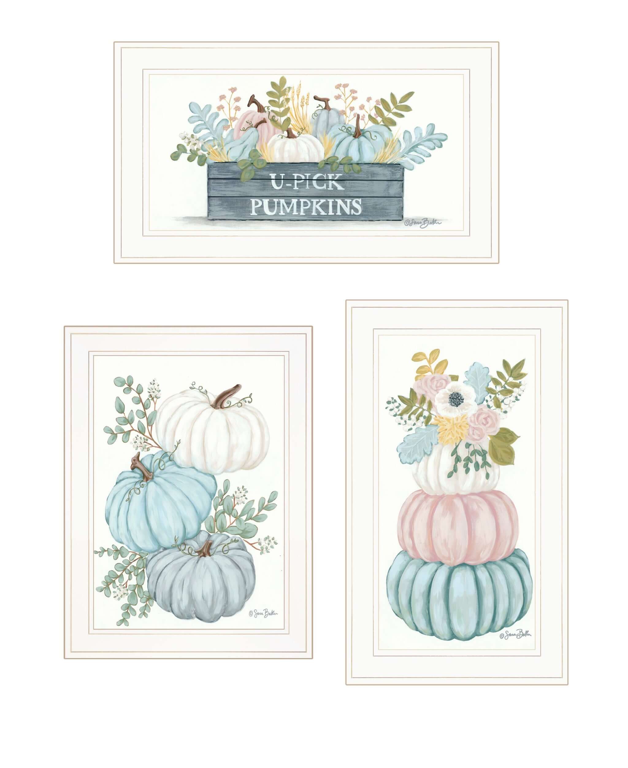 Set Of Three Floral Pumpkins 3 White Framed Print Wall Art