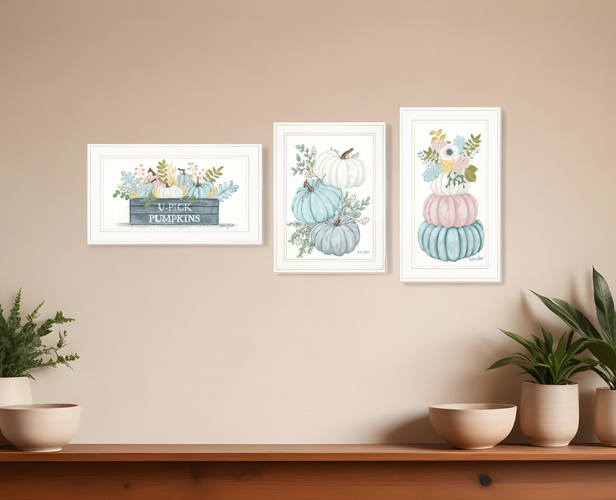 Set Of Three Floral Pumpkins 3 White Framed Print Wall Art