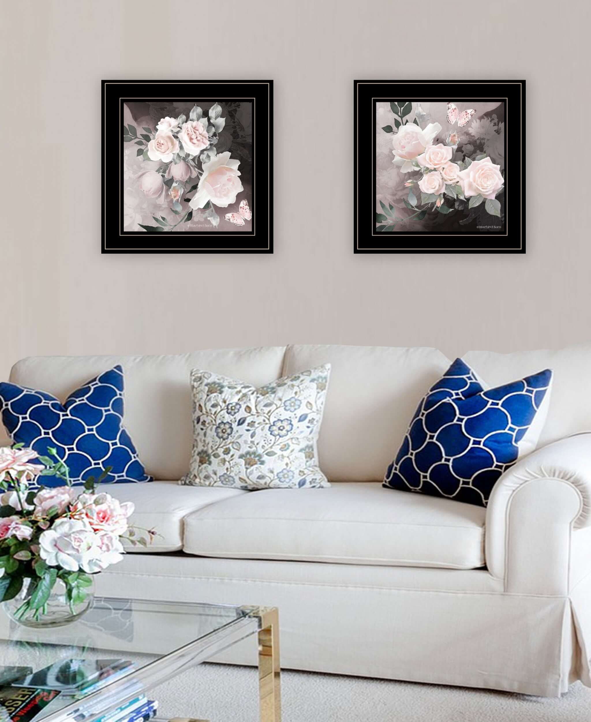 Set of Two Pink Roses and Butterfly Black Framed Print Wall Art