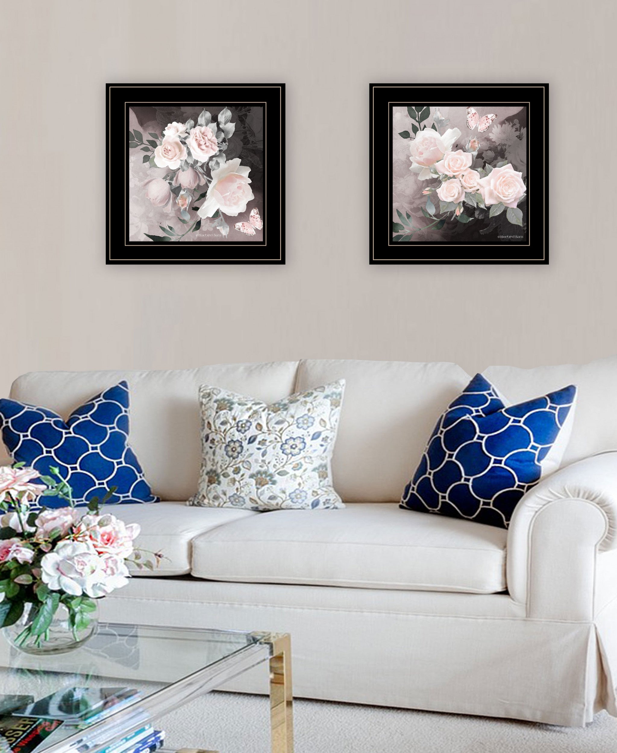 Set Of Two Noir Roses 3 Black Framed Print Wall Art