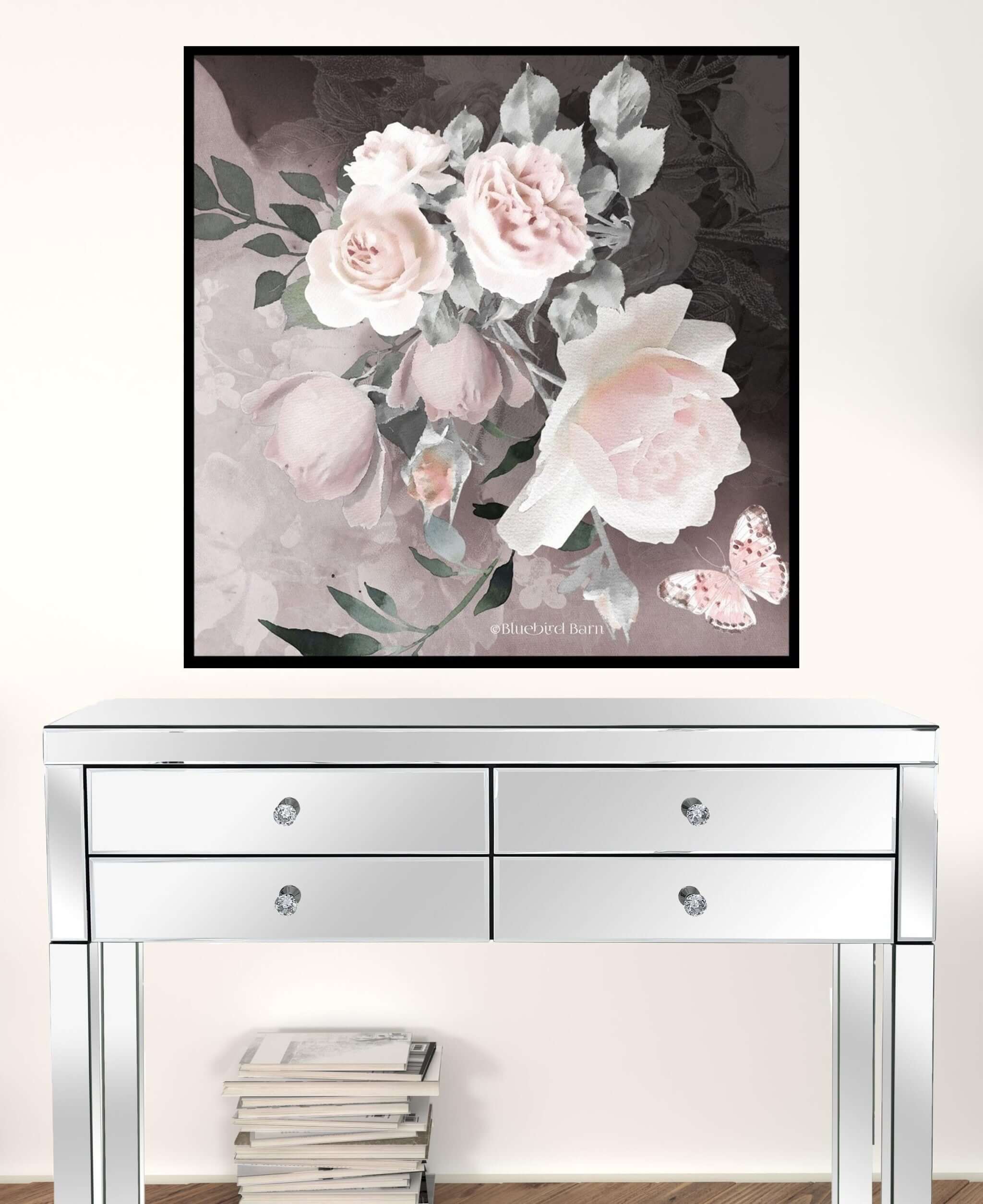 Set of Two Pink Roses and Butterfly Black Framed Print Wall Art