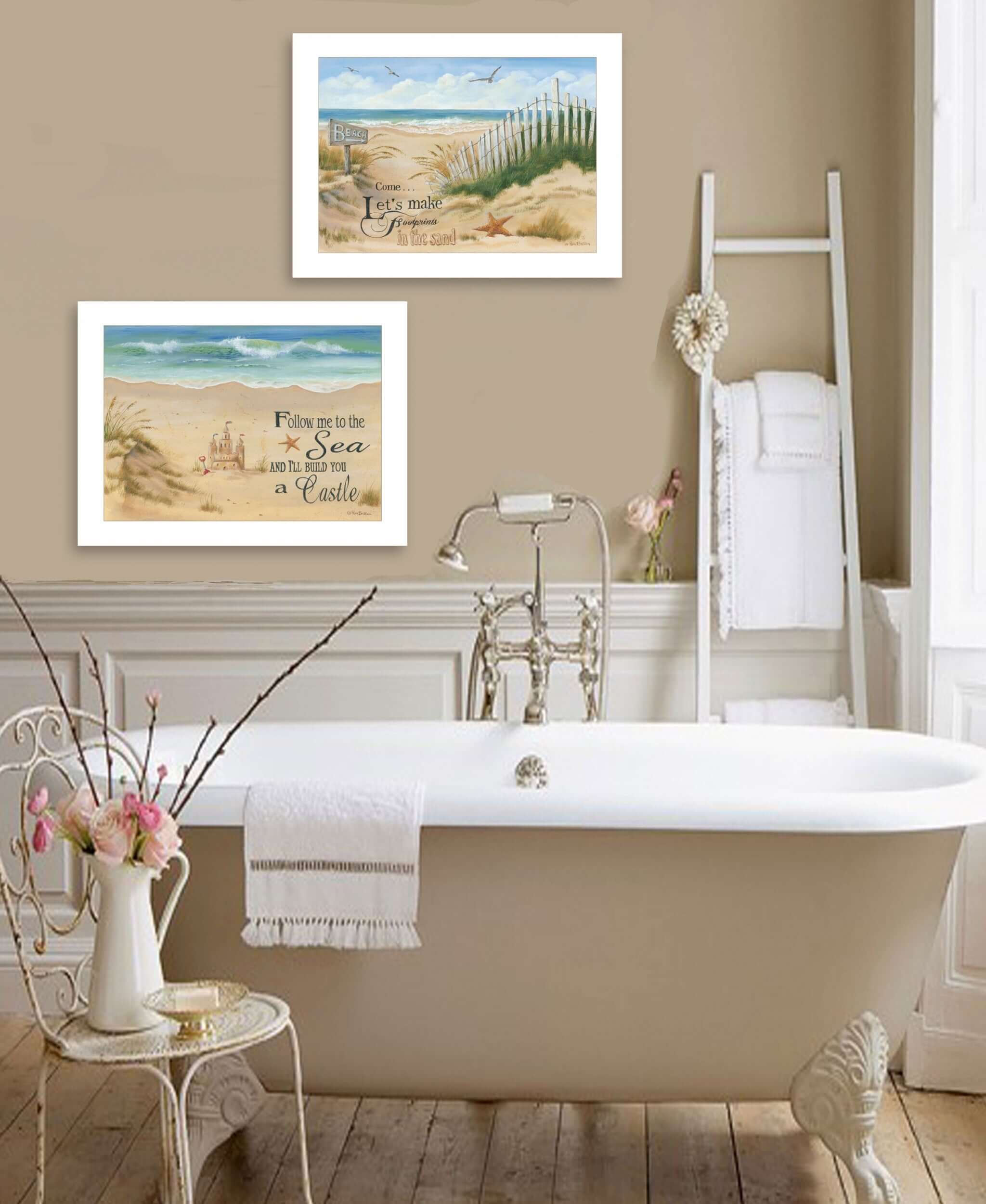 Set Of Two Sand Castle And Footprints 1 White Framed Print Wall Art