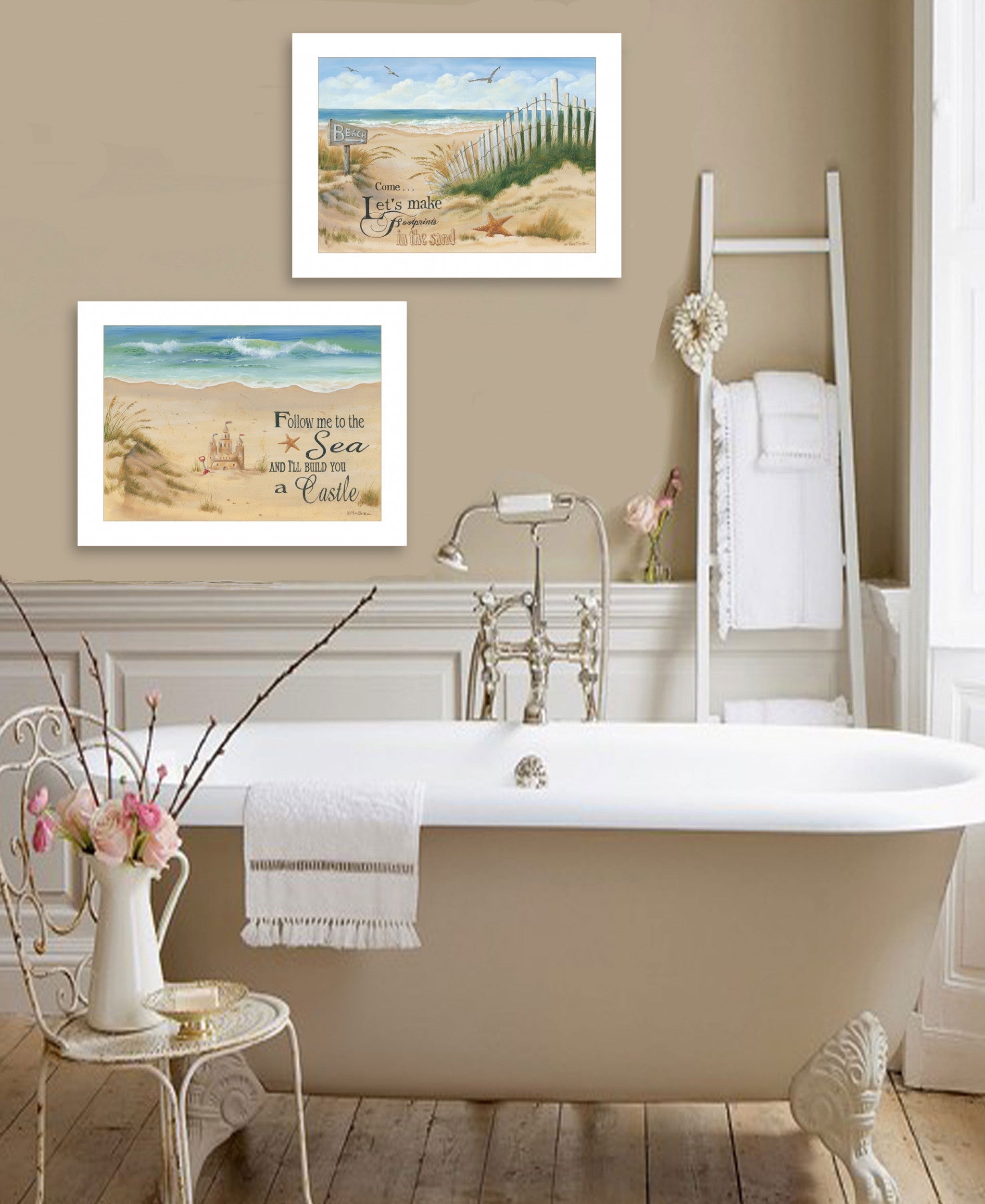 Set Of Two Sand Castle and Footprints 1 White Framed Print Wall Art