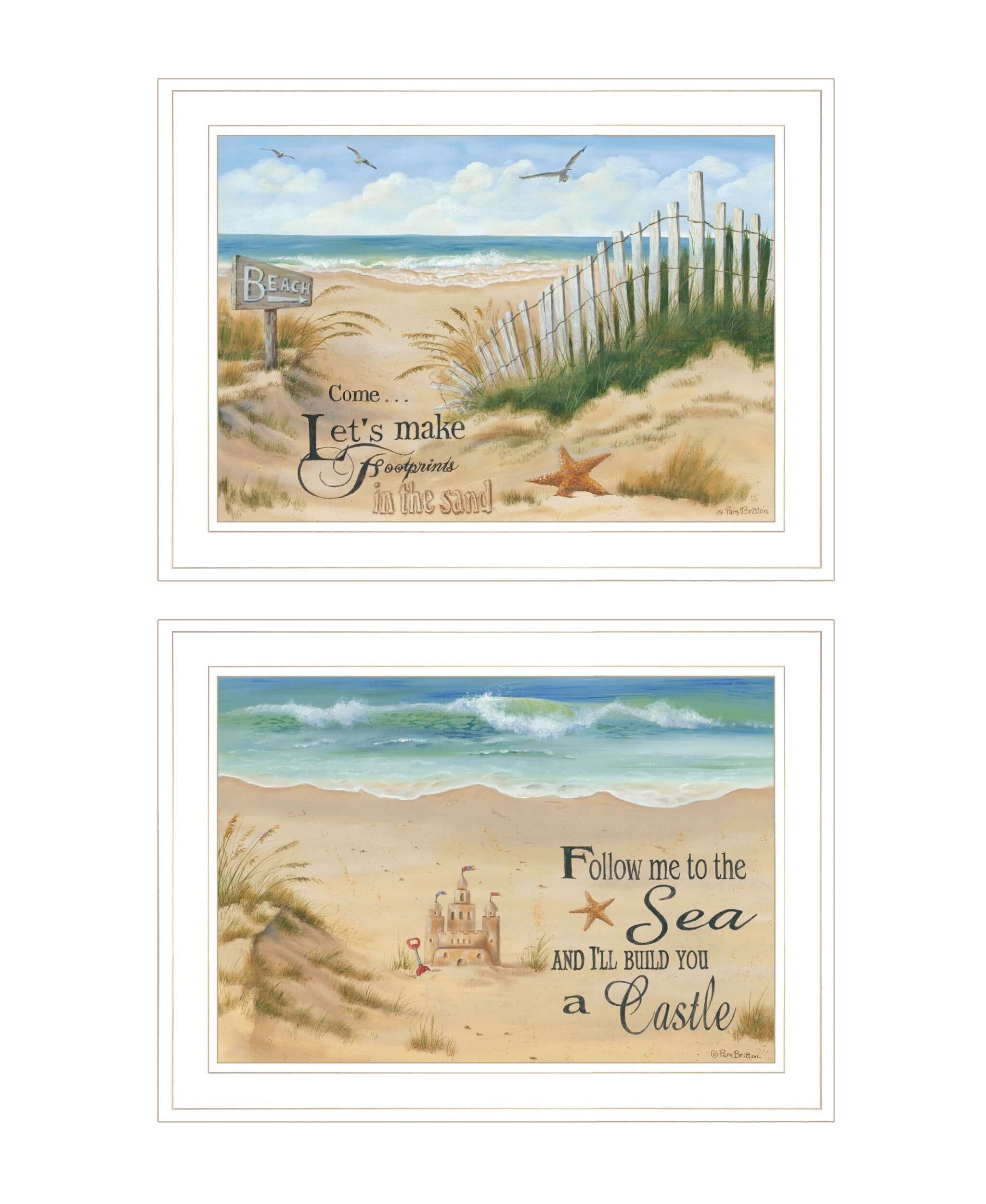 Set Of Two Sand Castle And Footprints 2 White Framed Print Wall Art