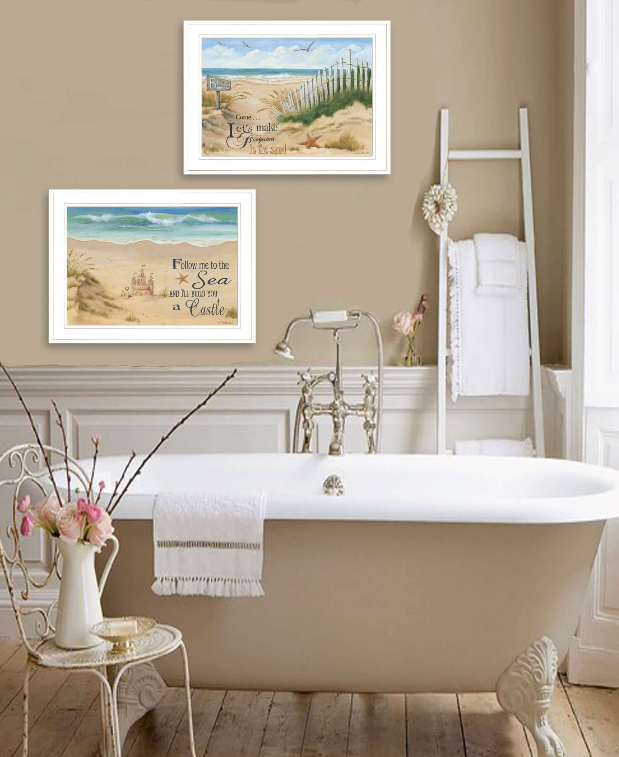 Set Of Two Sand Castle And Footprints 2 White Framed Print Wall Art