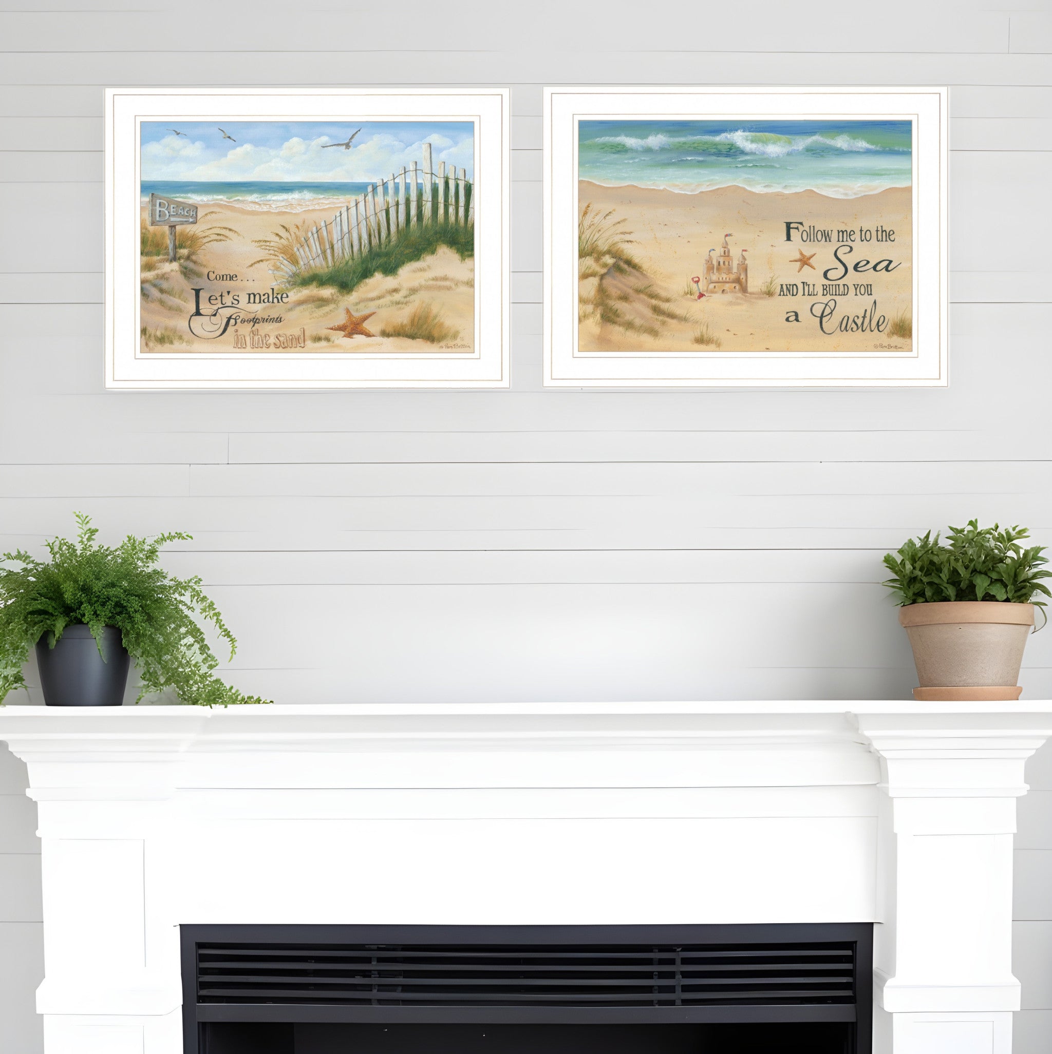 Set Of Two Sand Castle and Footprints 2 White Framed Print Wall Art