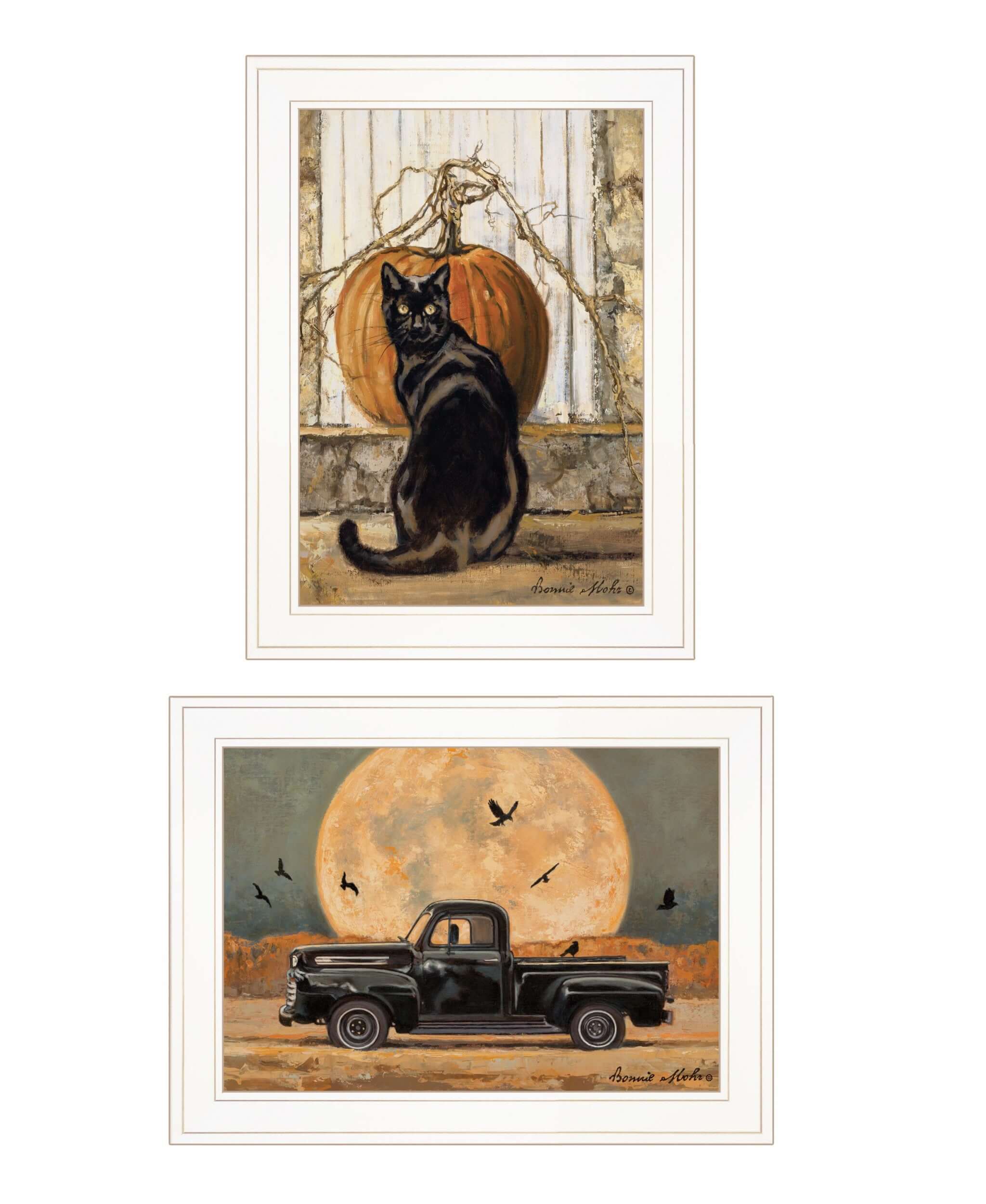 Set Of Two Harvest Moon With A Black Cat And Truck 1 White Framed Print Wall Art