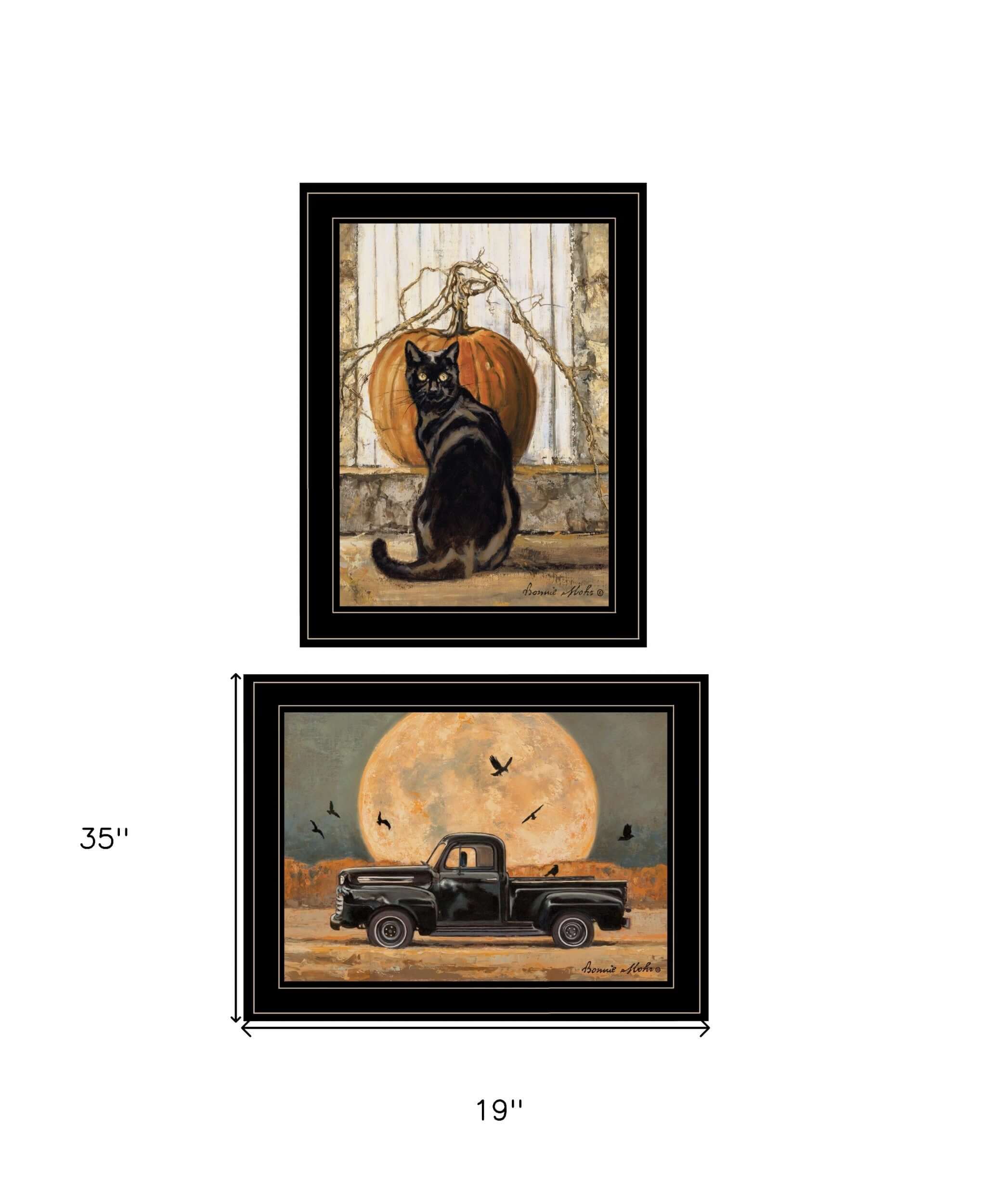 Set Of Two Harvest Moon With A Black Cat And Truck 2 Black Framed Print Wall Art