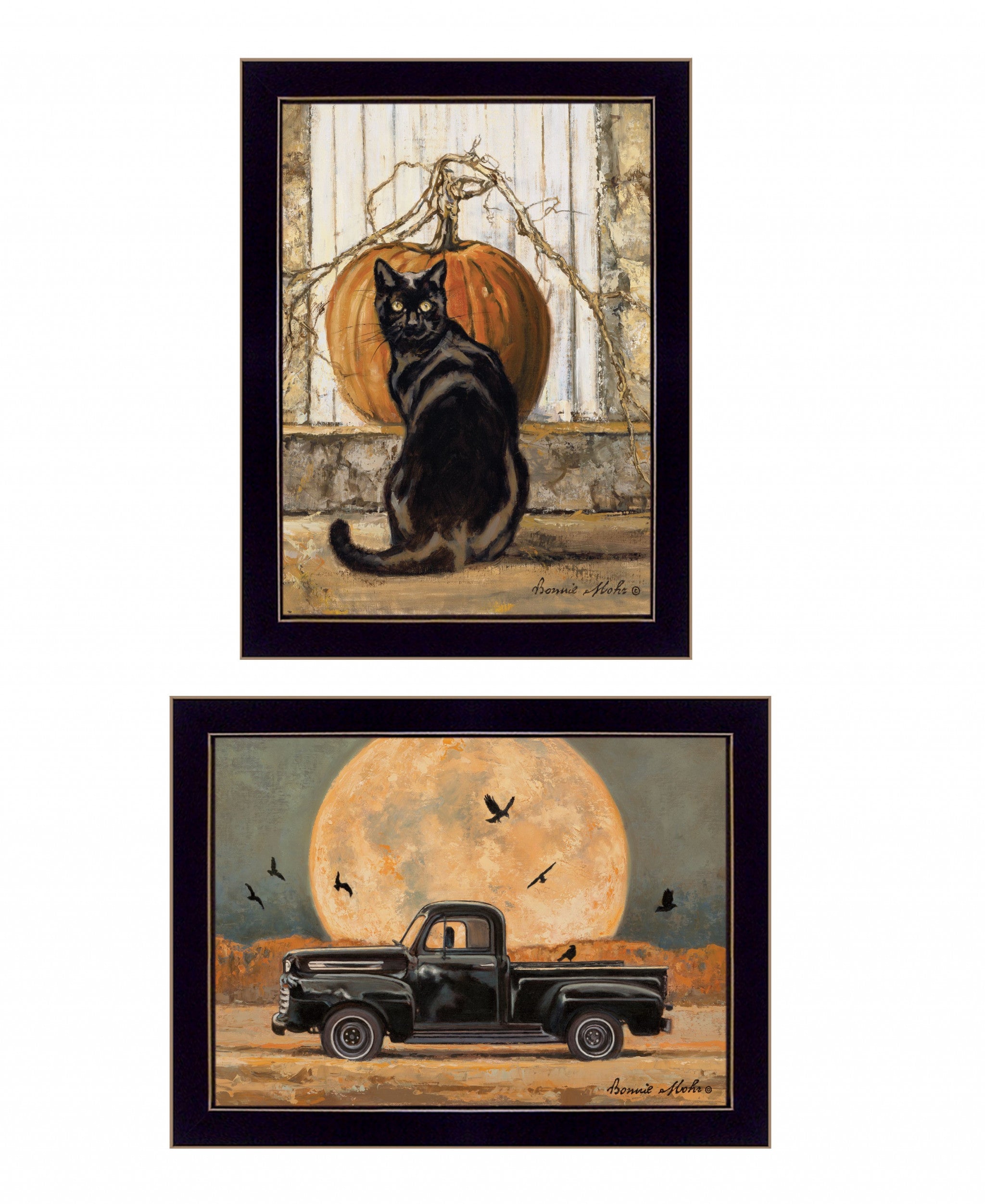 Set Of Two Harvest Moon with A Black Cat and Truck 3 Black Framed Print Kitchen Wall Art