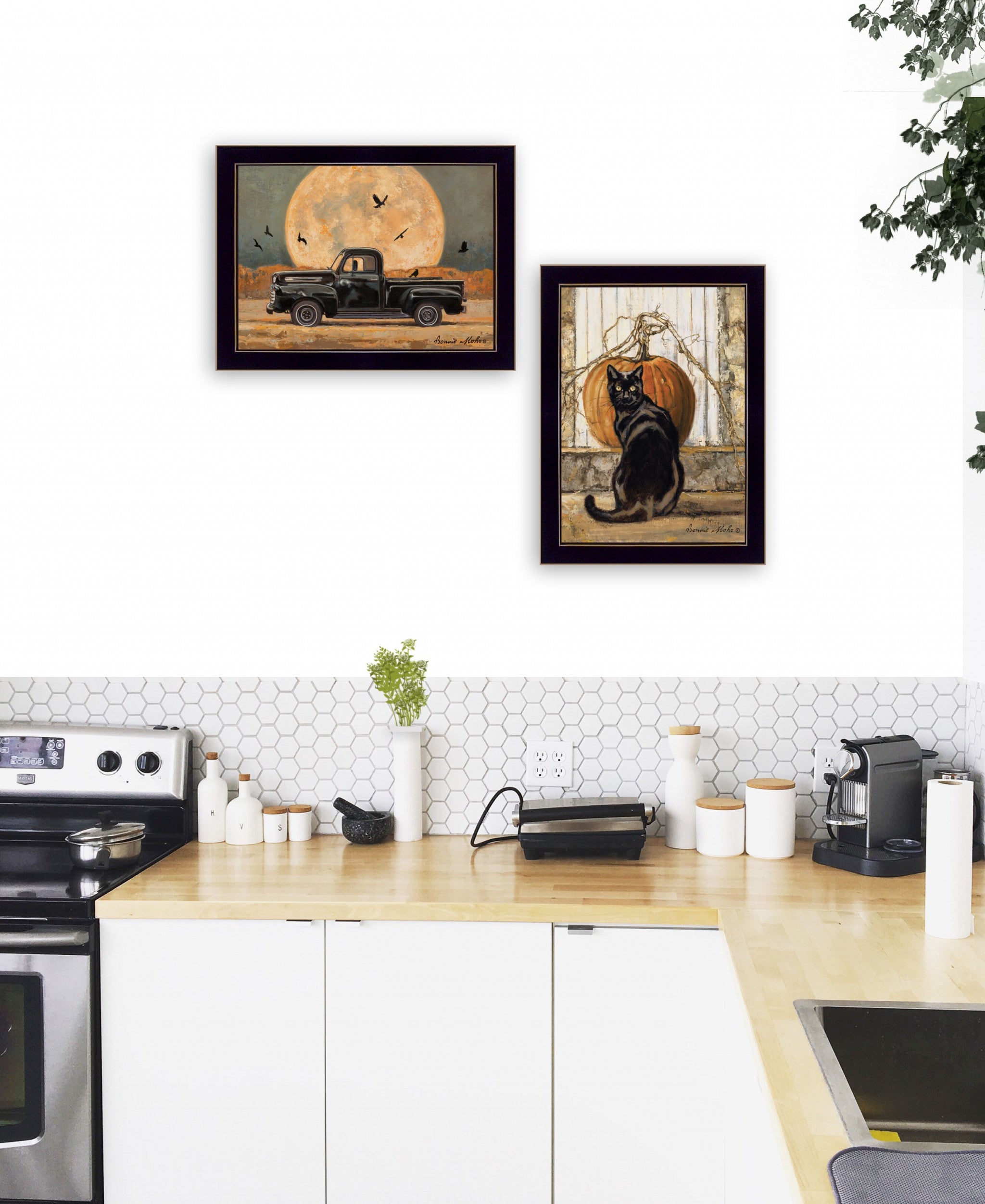 Set Of Two Harvest Moon with A Black Cat and Truck 3 Black Framed Print Kitchen Wall Art