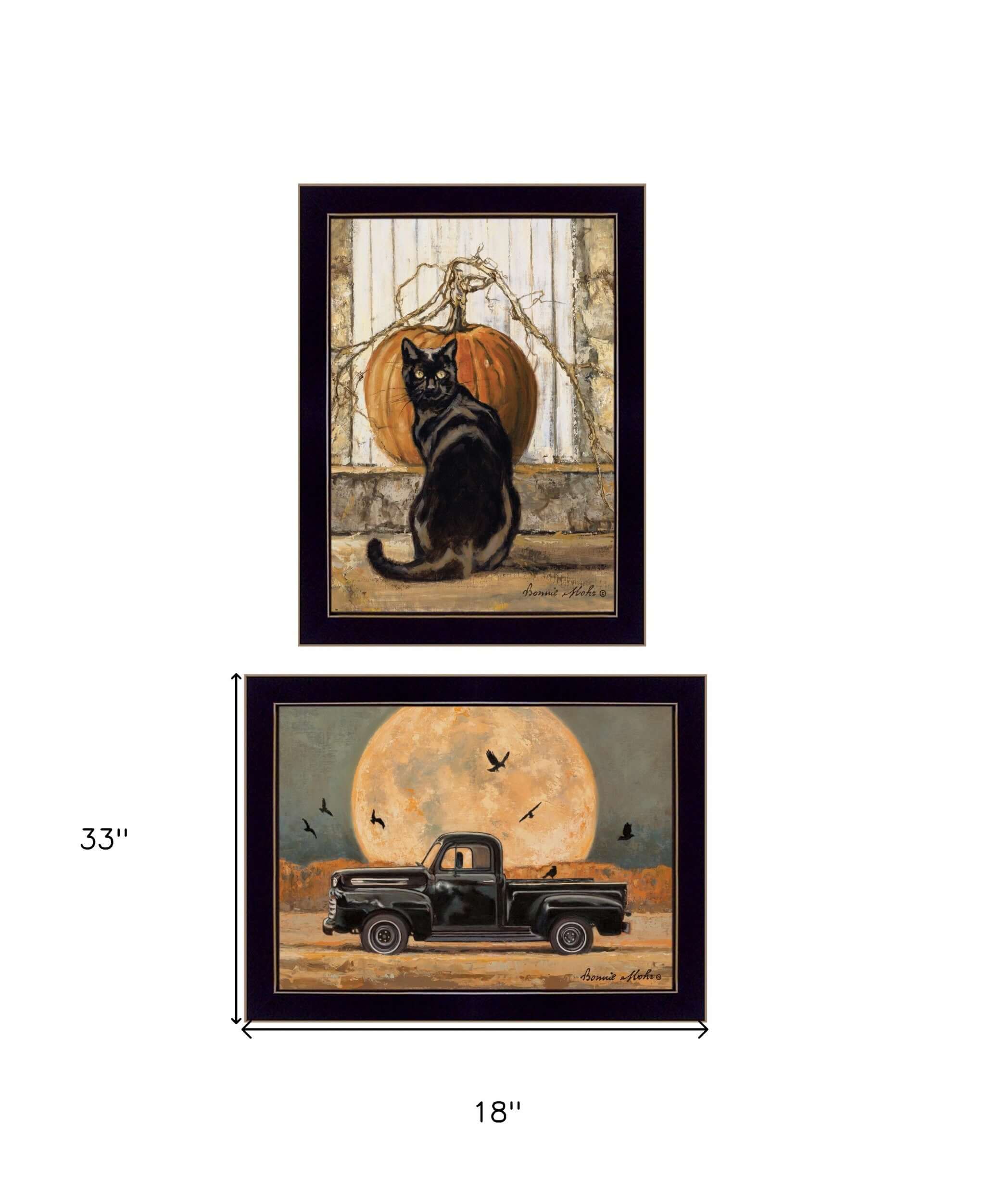 Set Of Two Harvest Moon With A Black Cat And Truck 3 Black Framed Print Wall Art