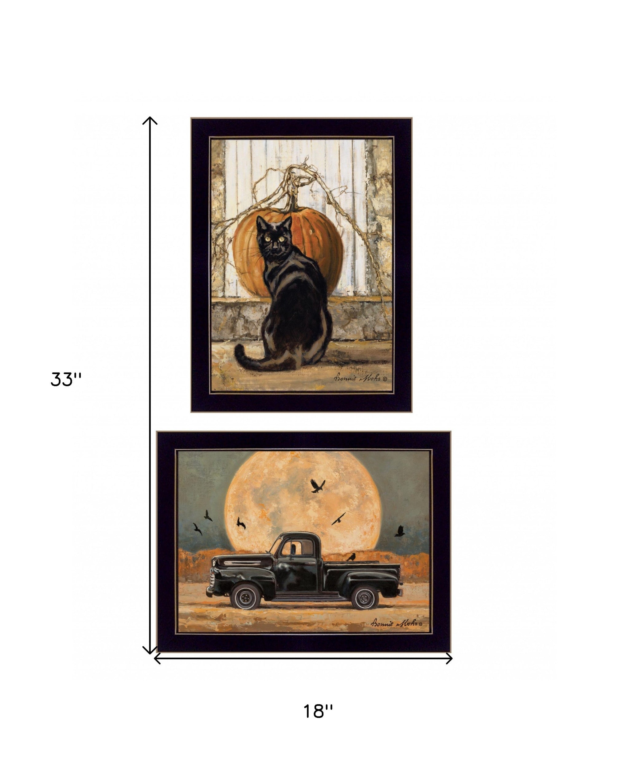 Set Of Two Harvest Moon with A Black Cat and Truck 3 Black Framed Print Kitchen Wall Art