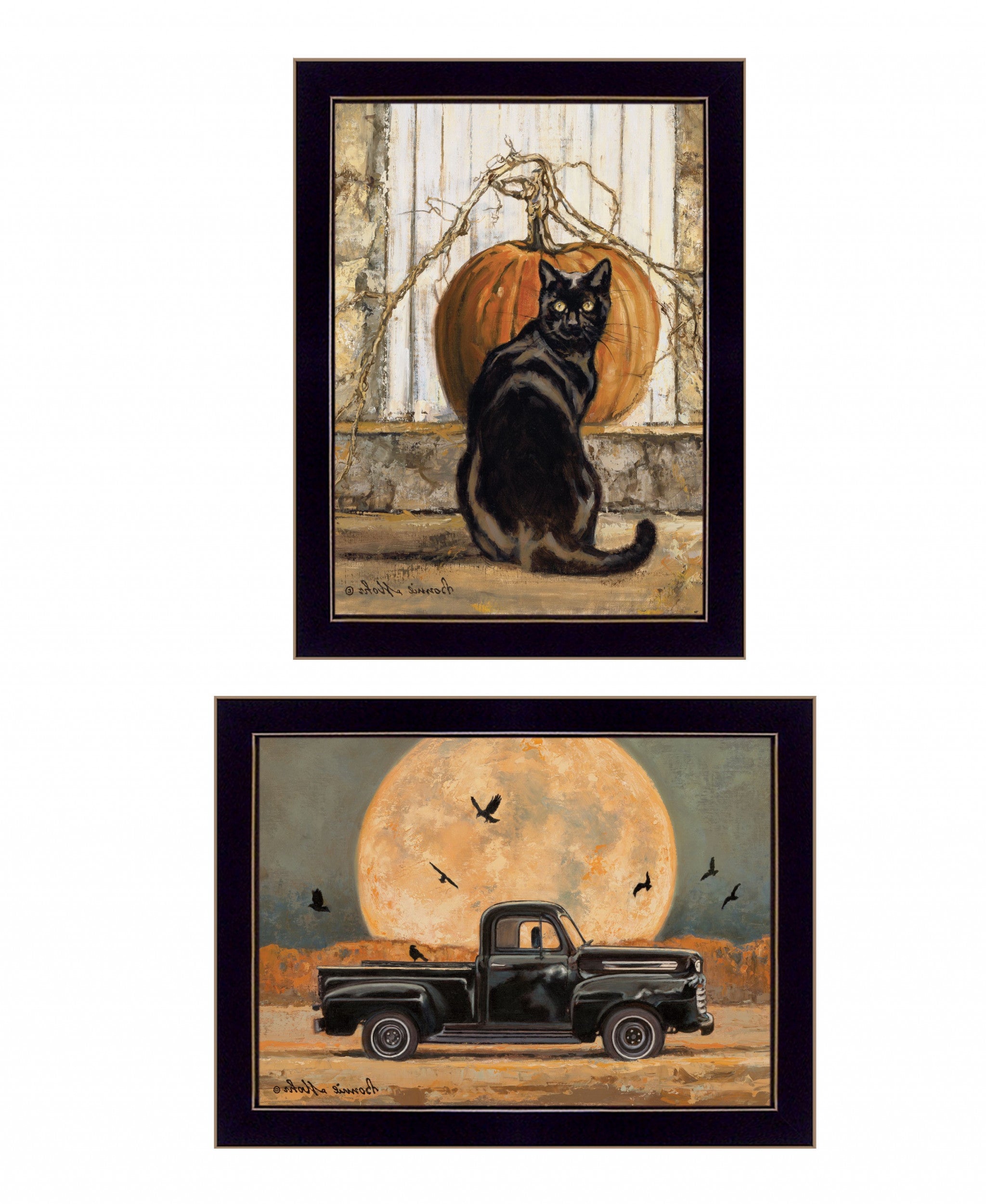 Set Of Two Harvest Moon with A Black Cat and Truck 3 Black Framed Print Kitchen Wall Art