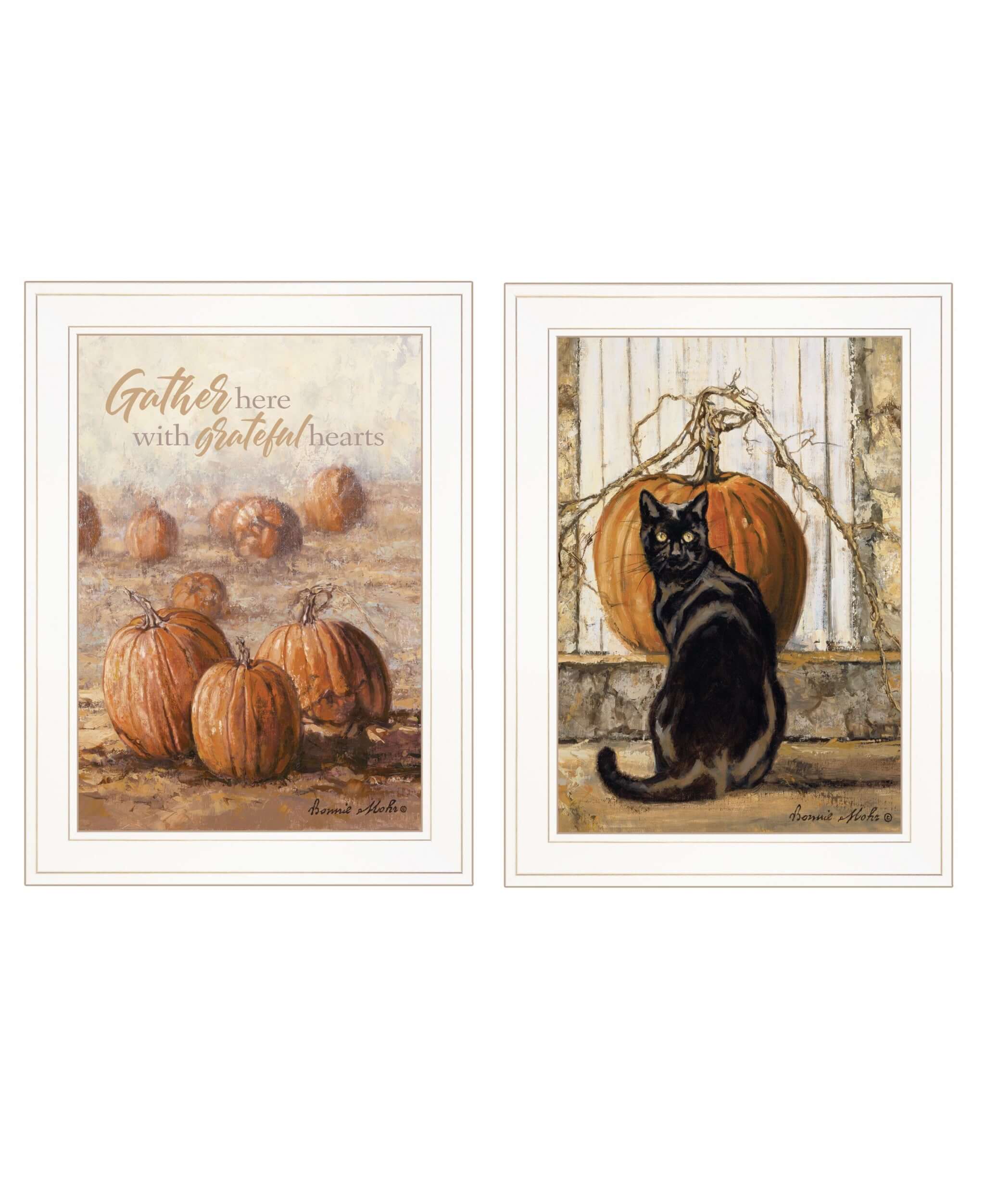 Set Of Two Pumpkins With A Black Cat 1 White Framed Print Wall Art