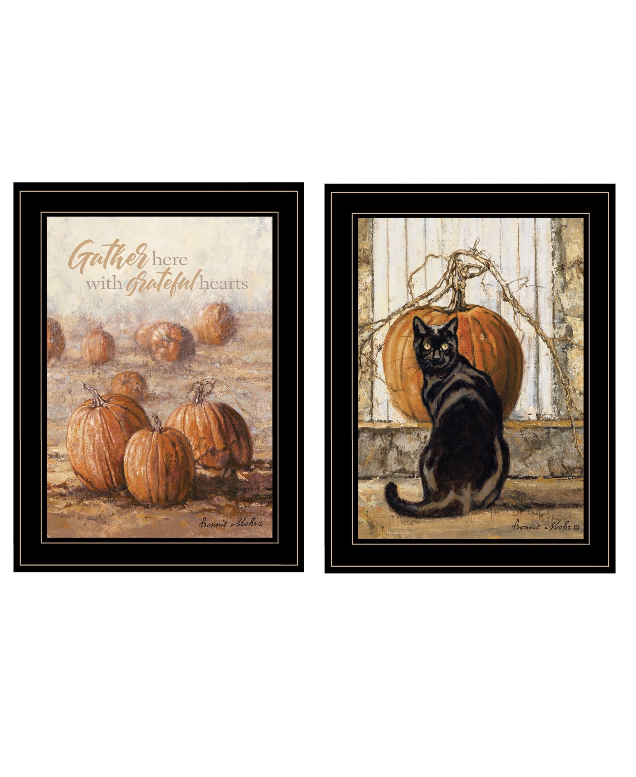 Set Of Two Pumpkins with A Black Cat Black Framed Print Wall Art