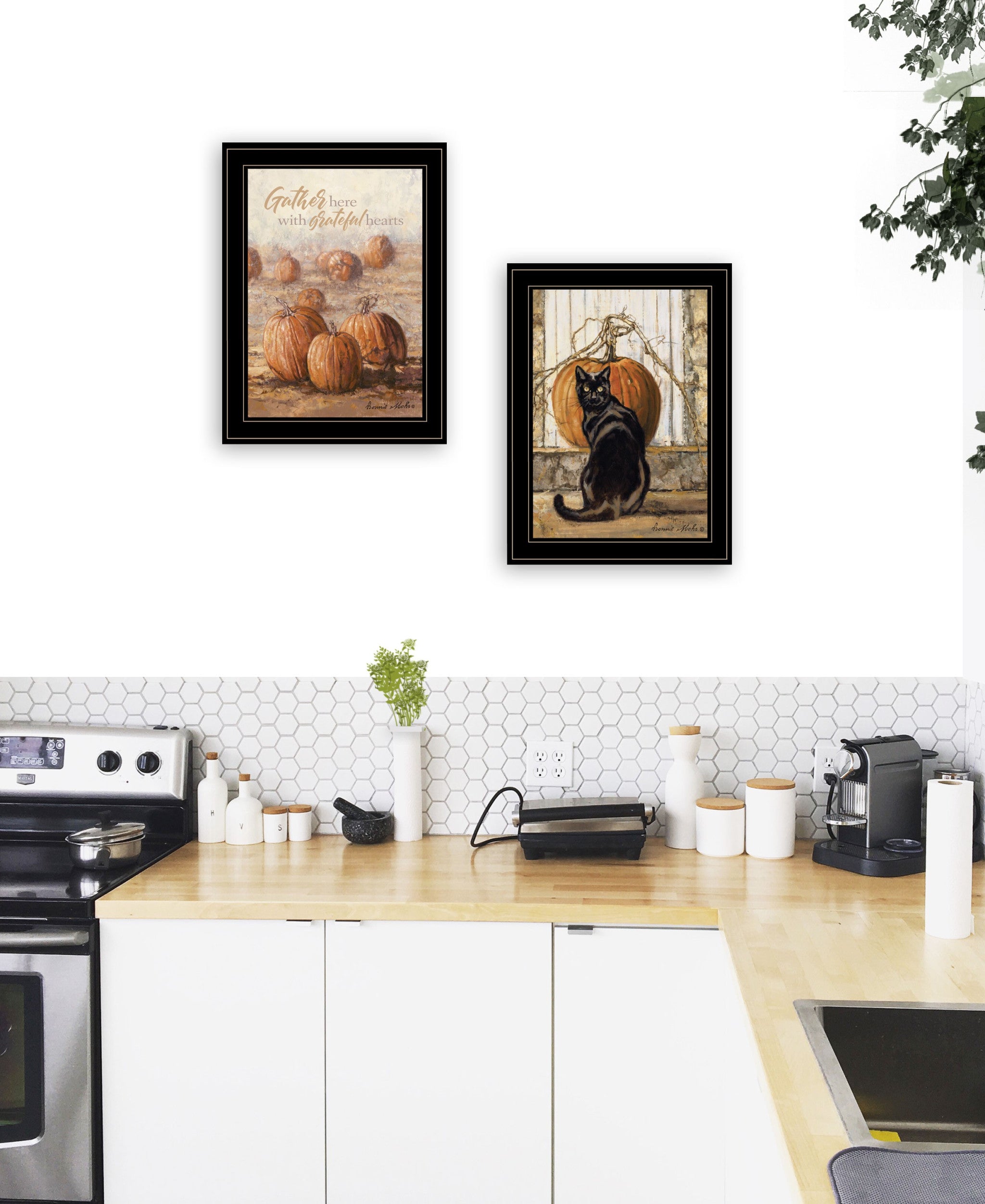 Set Of Two Pumpkins with A Black Cat Black Framed Print Wall Art