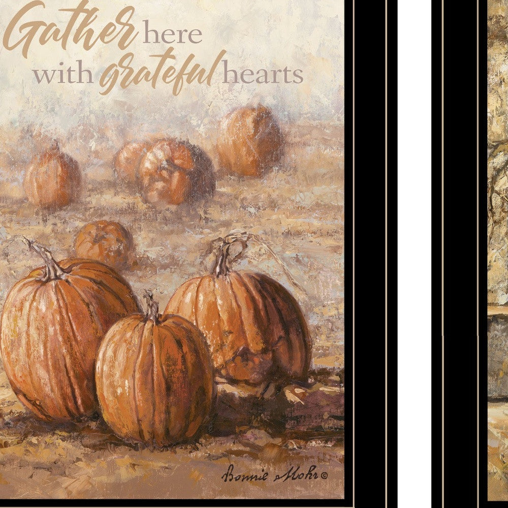 Set Of Two Pumpkins with A Black Cat Black Framed Print Wall Art