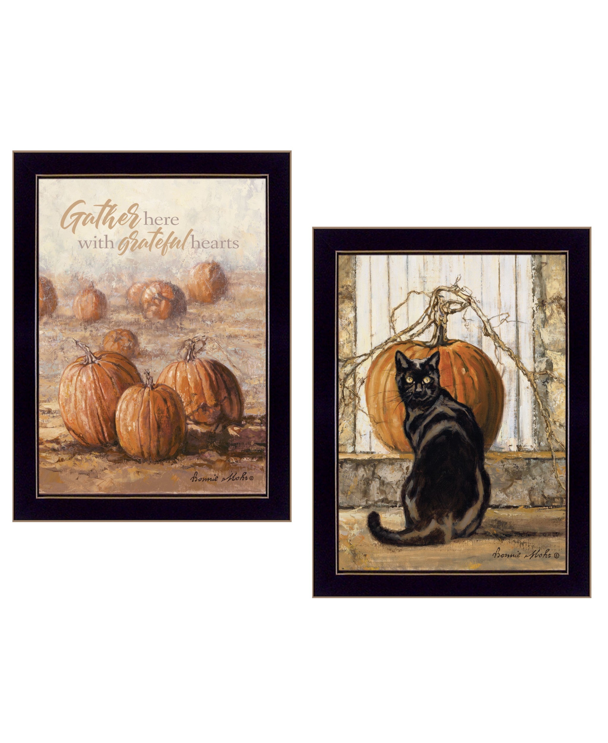 Set Of Two Pumpkins with A Black Cat Black Framed Print Wall Art