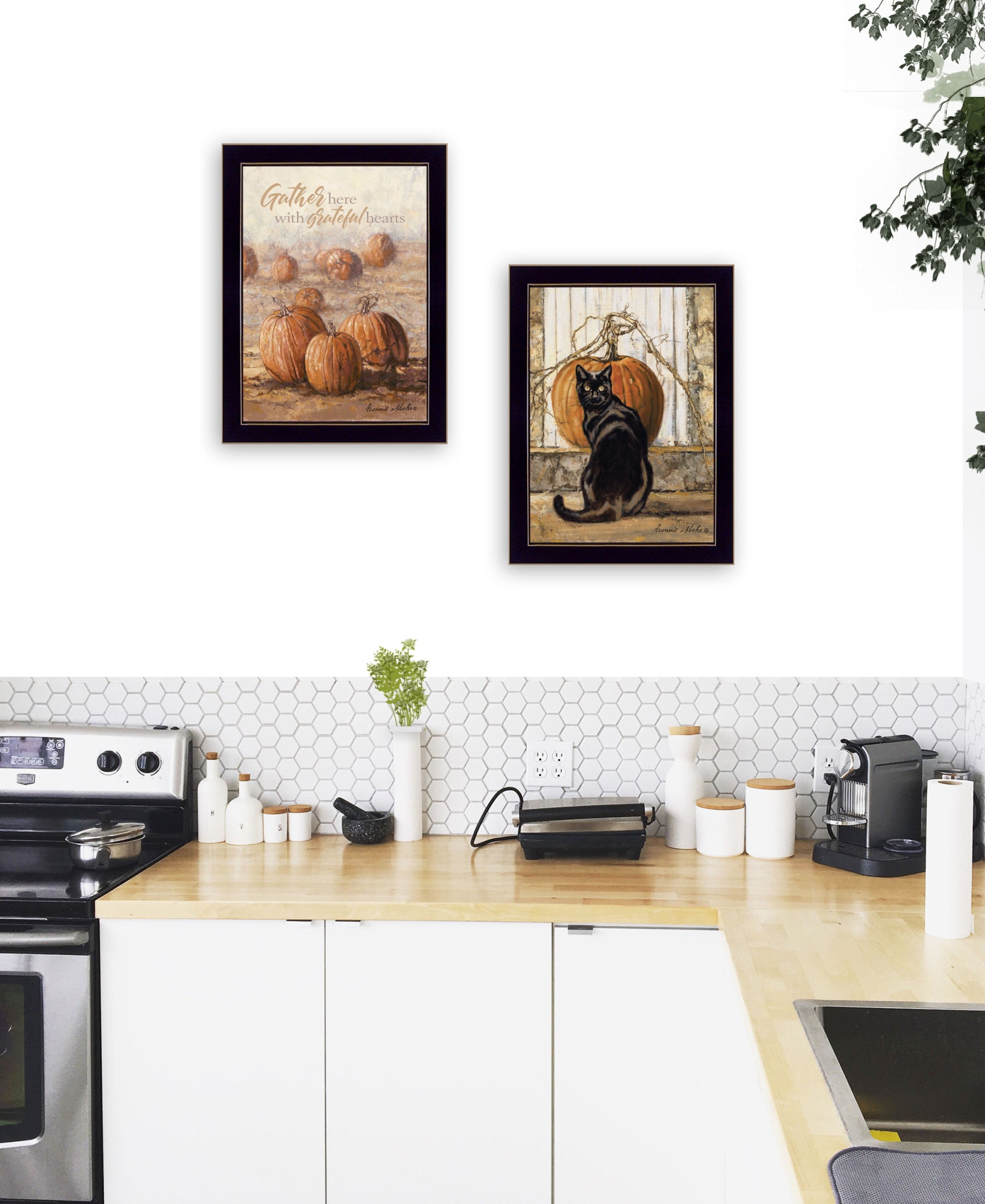 Set Of Two Pumpkins with A Black Cat Black Framed Print Wall Art