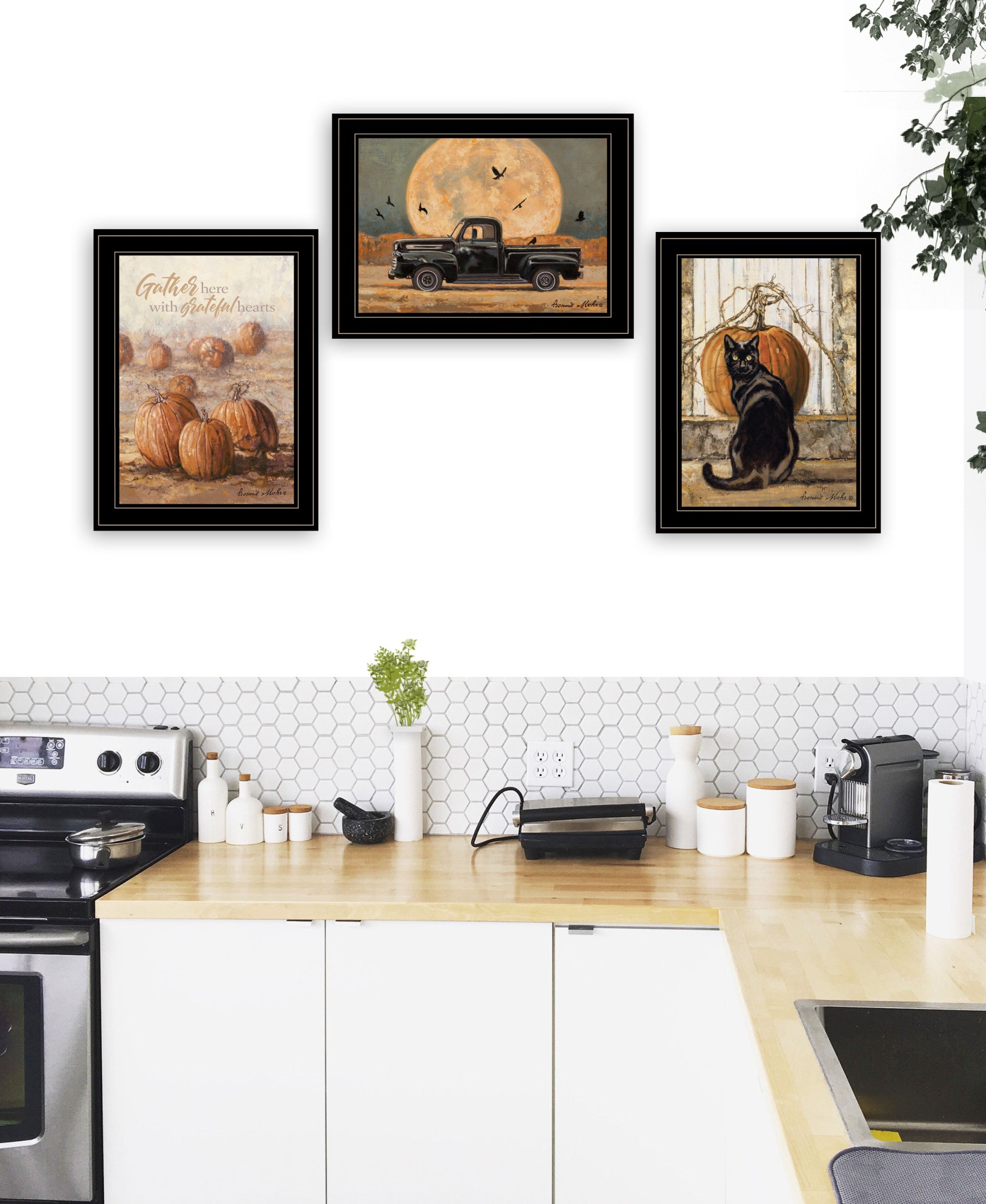 Set Of Three Harvest Moon Black Framed Print Kitchen Wall Art