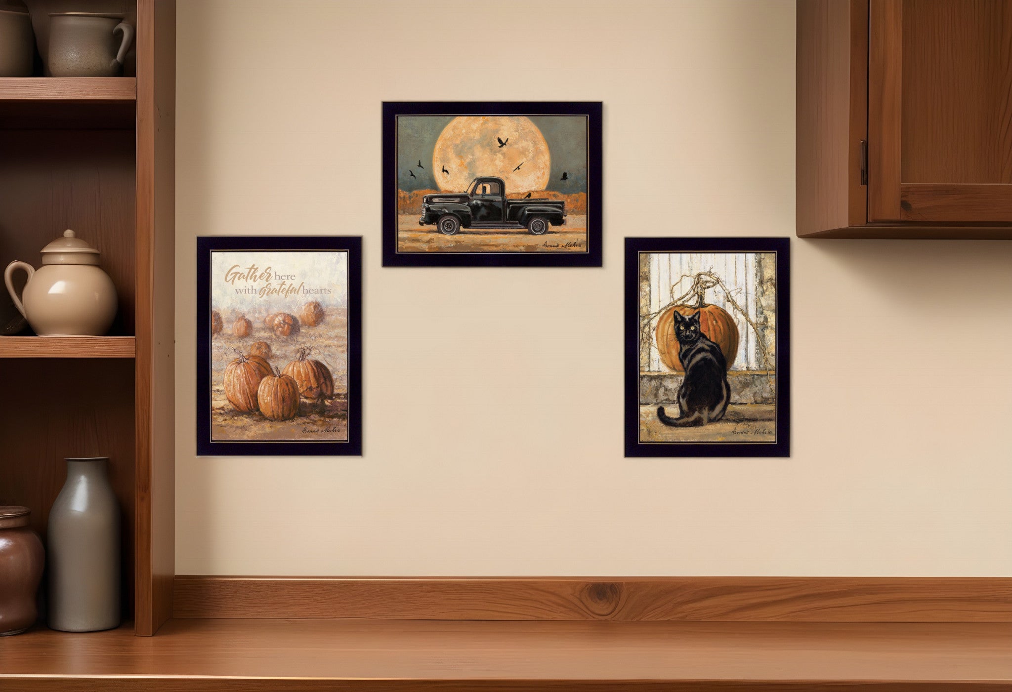 Set Of Three Harvest Moon Black Framed Print Kitchen Wall Art