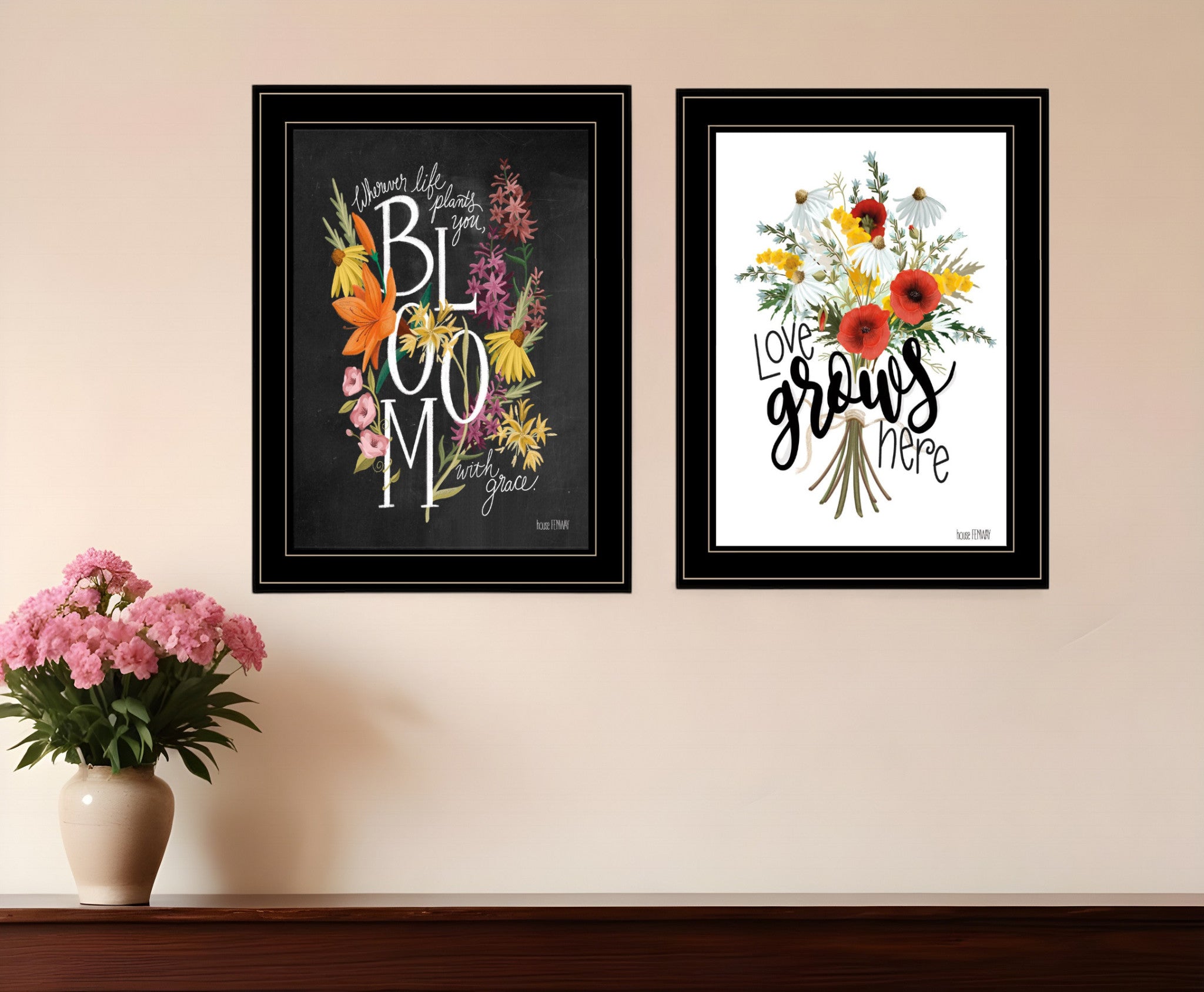 Set Of Two Love and Bloom Black Framed Print Wall Art