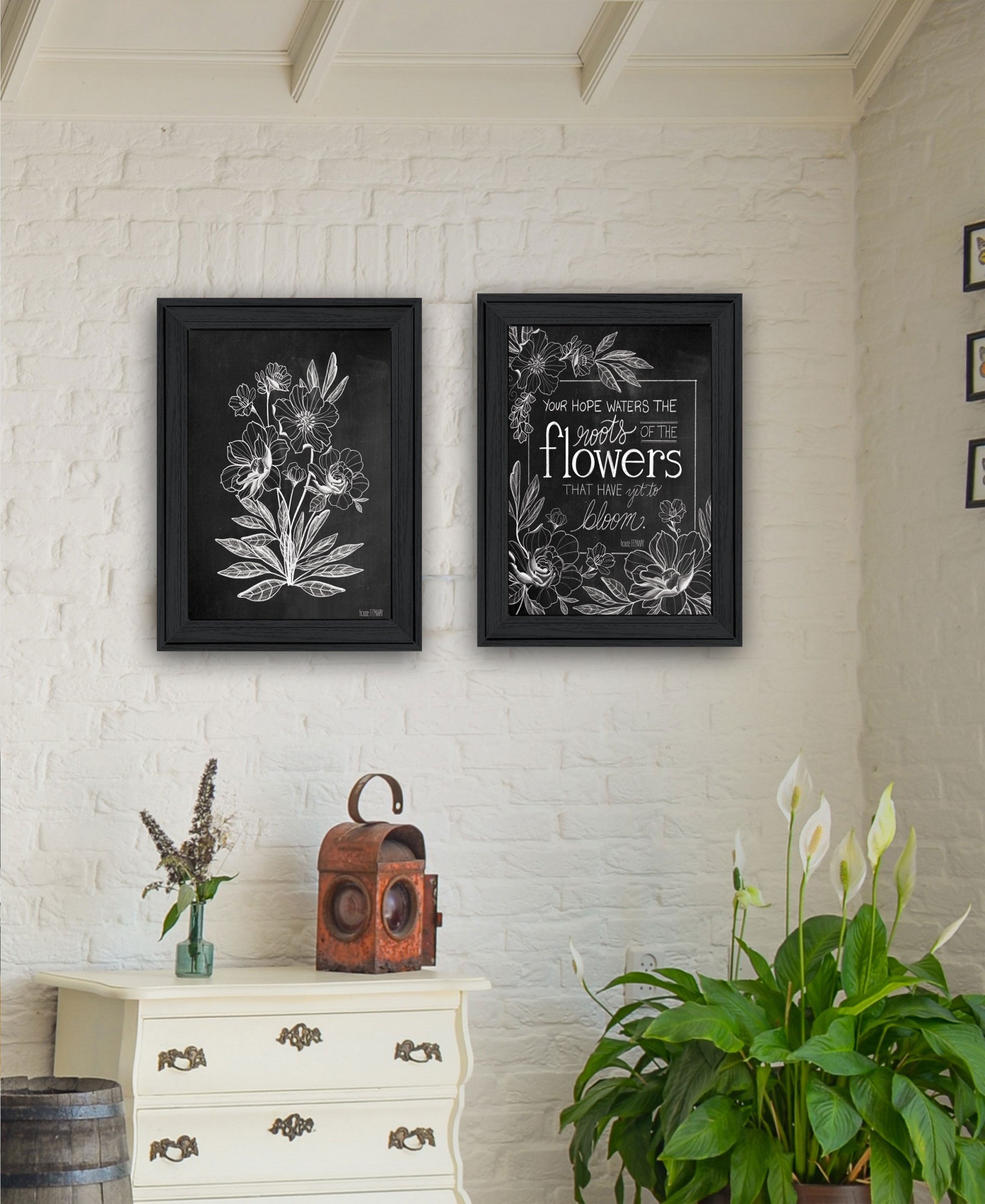 Set Of Two Vintage Flowers in Bloom White Framed Print Wall Art