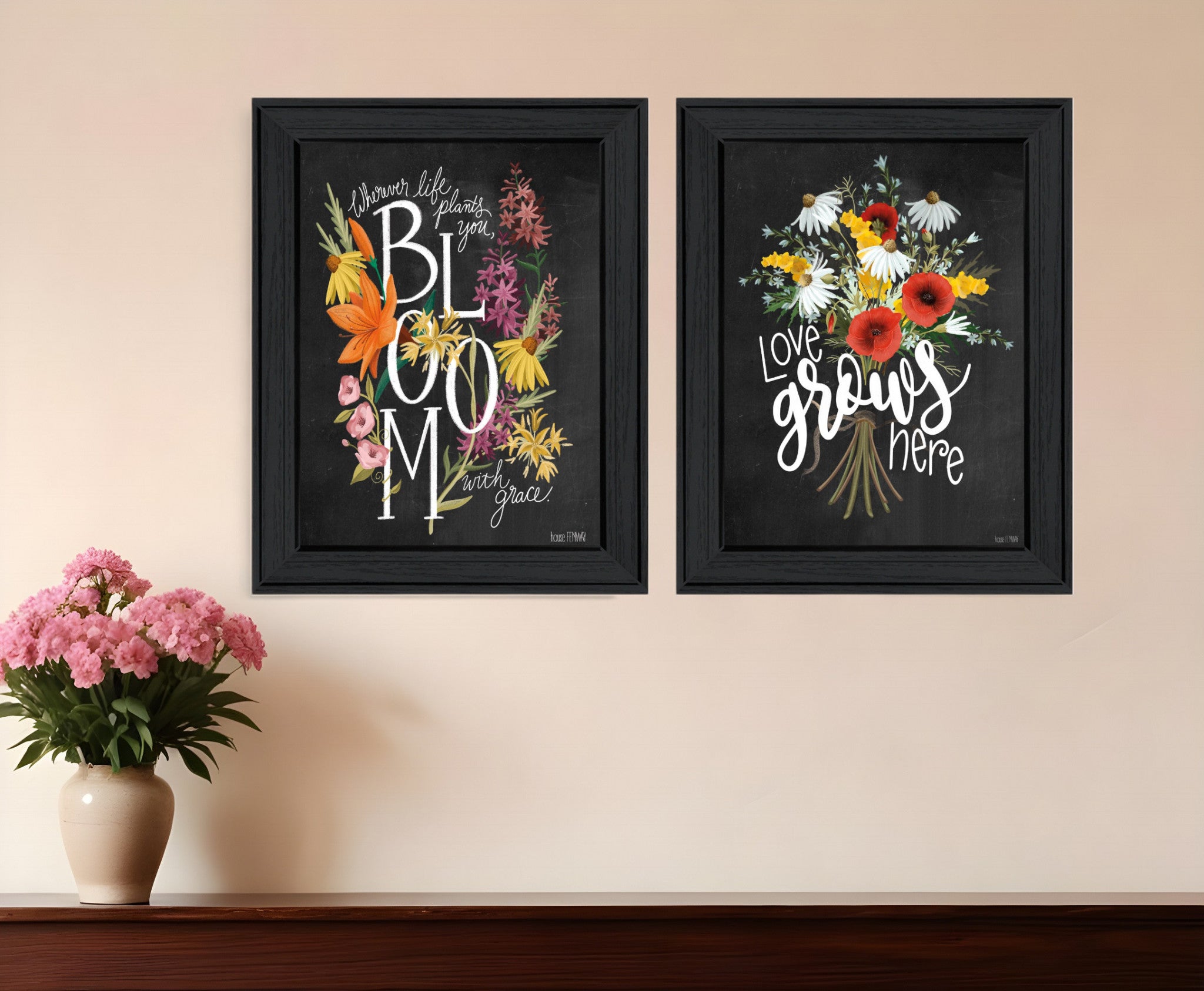 Set Of Two Love Grows Here Black Framed Print Wall Art