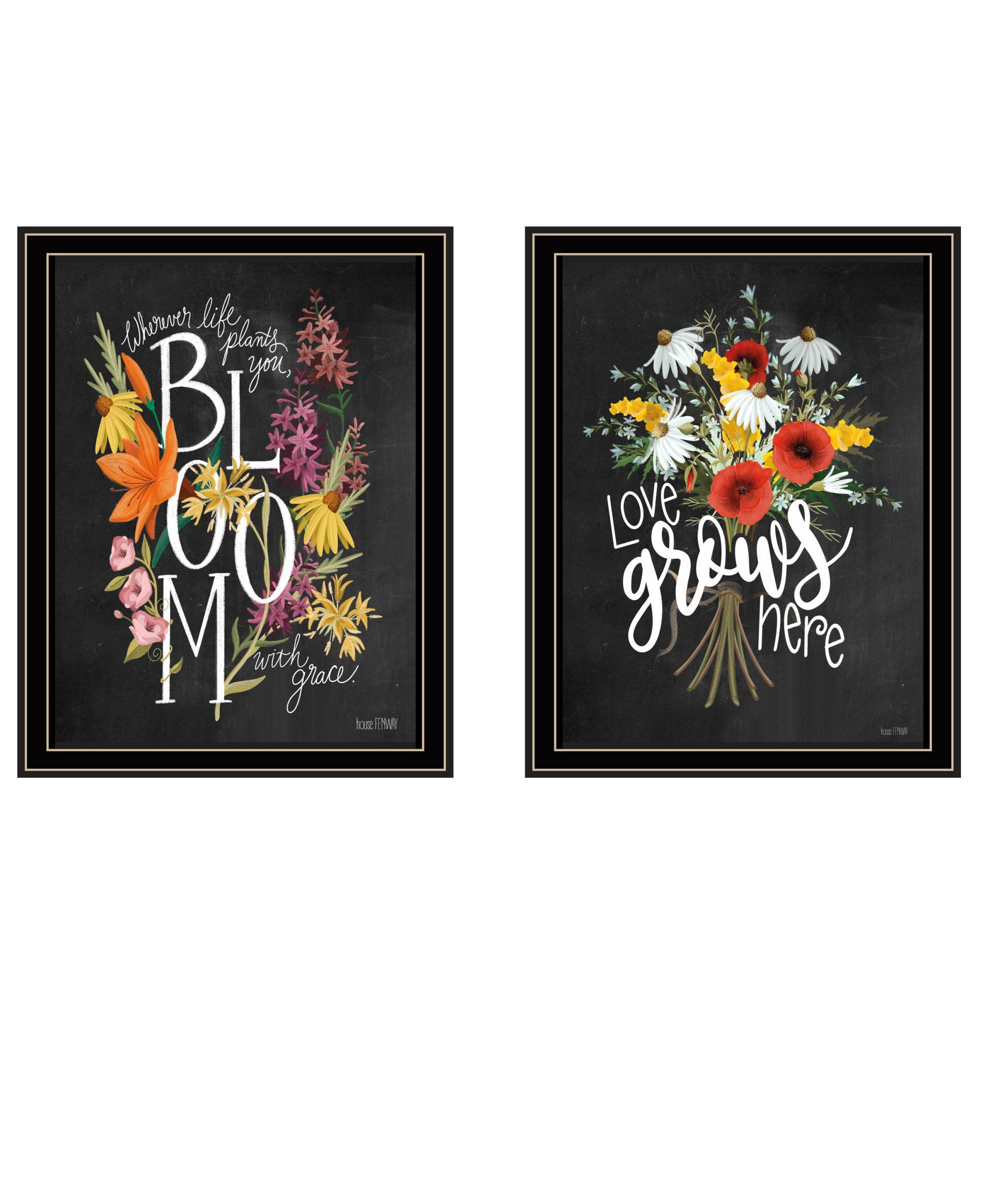 Set Of Two Love Grows Here Black Framed Print Wall Art