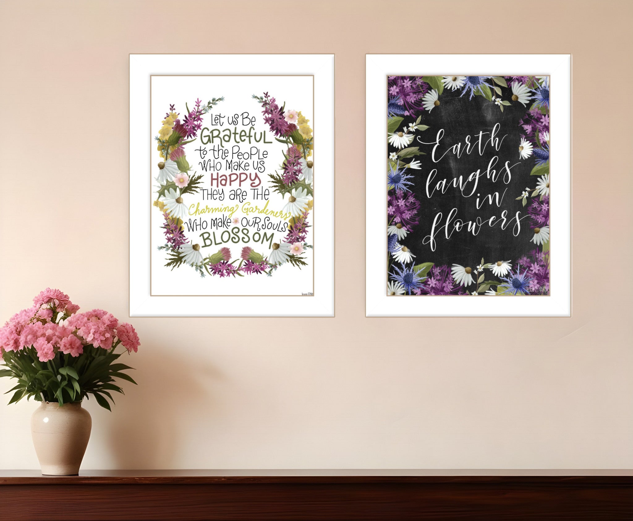 Set Of Two Flowers Make Us Laugh White Framed Print Wall Art